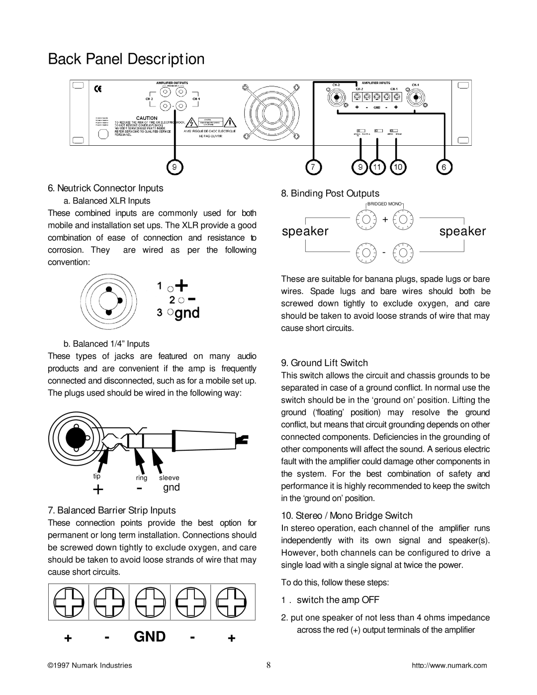 Numark Industries SA5500, SA9500, SA3000 owner manual Back Panel Description 