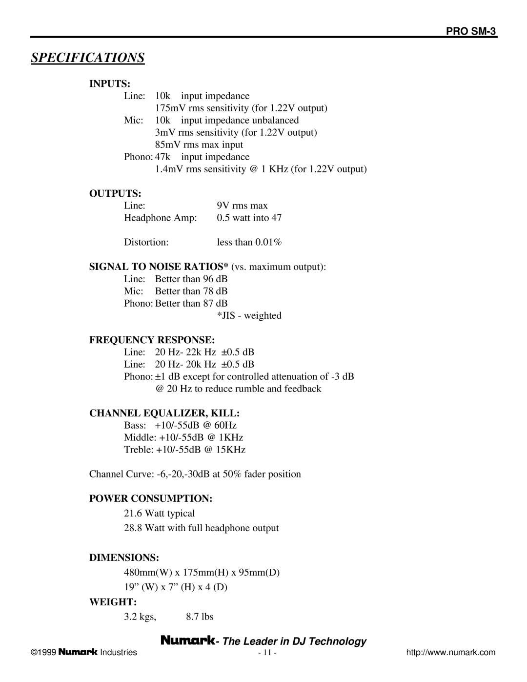 Numark Industries SM-3 owner manual Specifications, Inputs 