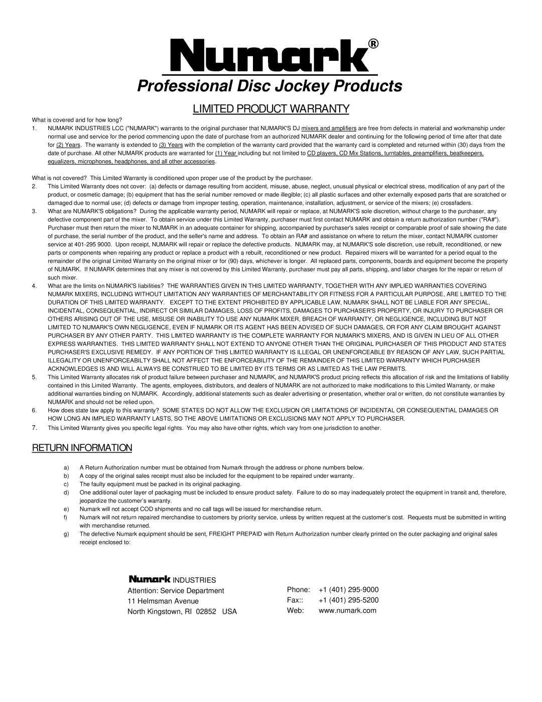 Numark Industries SM-3 owner manual Limited Product Warranty 