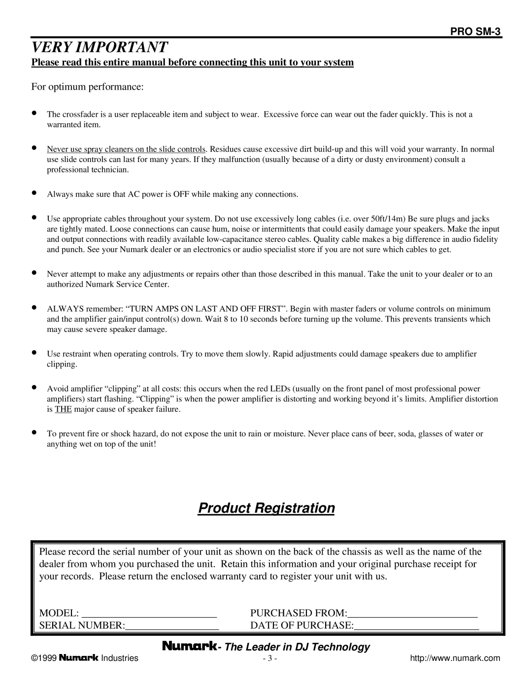 Numark Industries SM-3 owner manual Very Important 