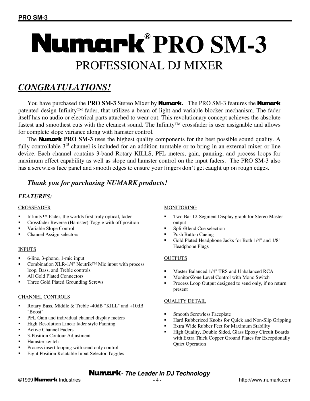 Numark Industries owner manual PRO SM-3 