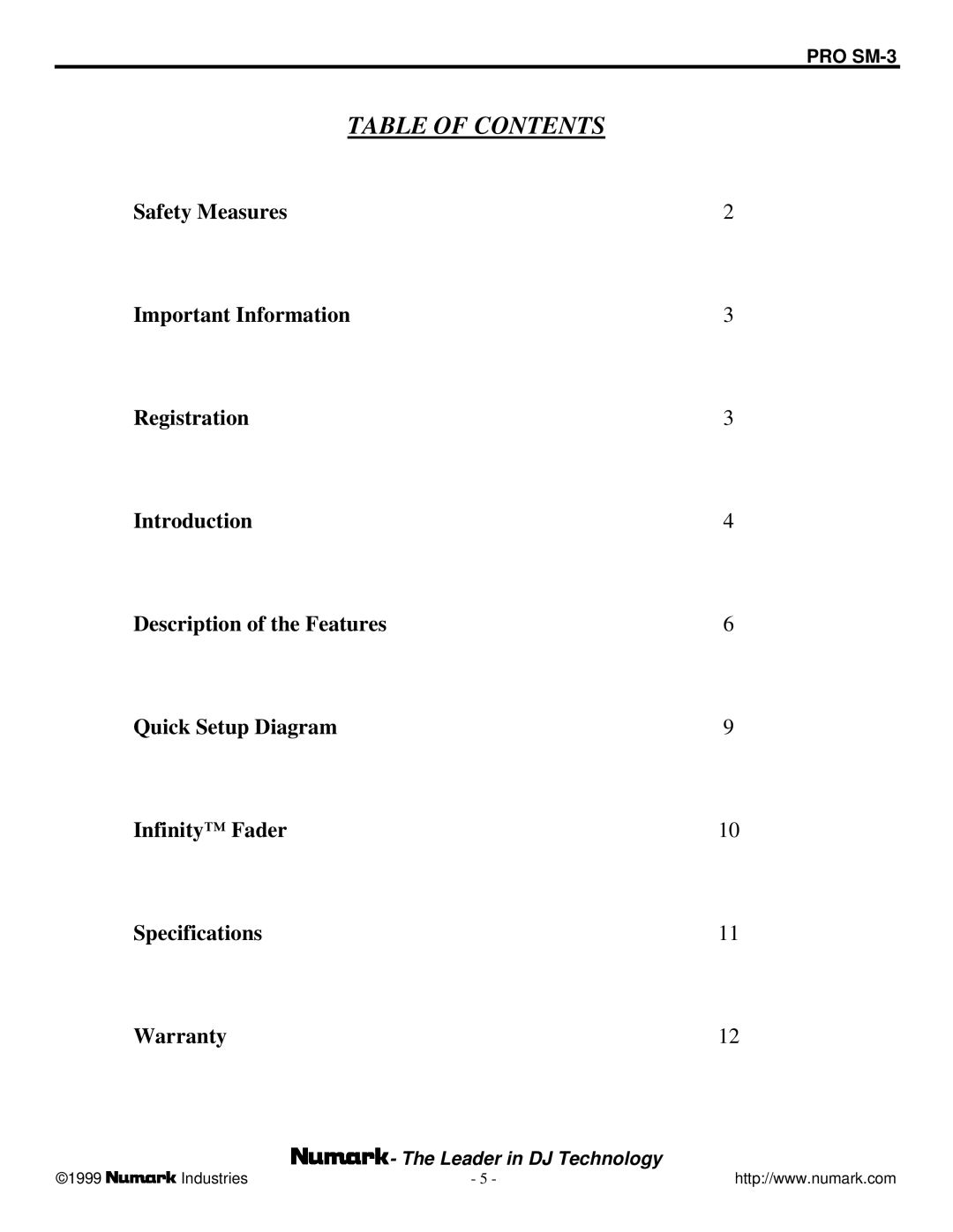 Numark Industries SM-3 owner manual Table of Contents 