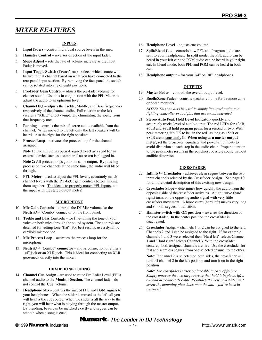 Numark Industries SM-3 owner manual Mixer Features, Inputs 