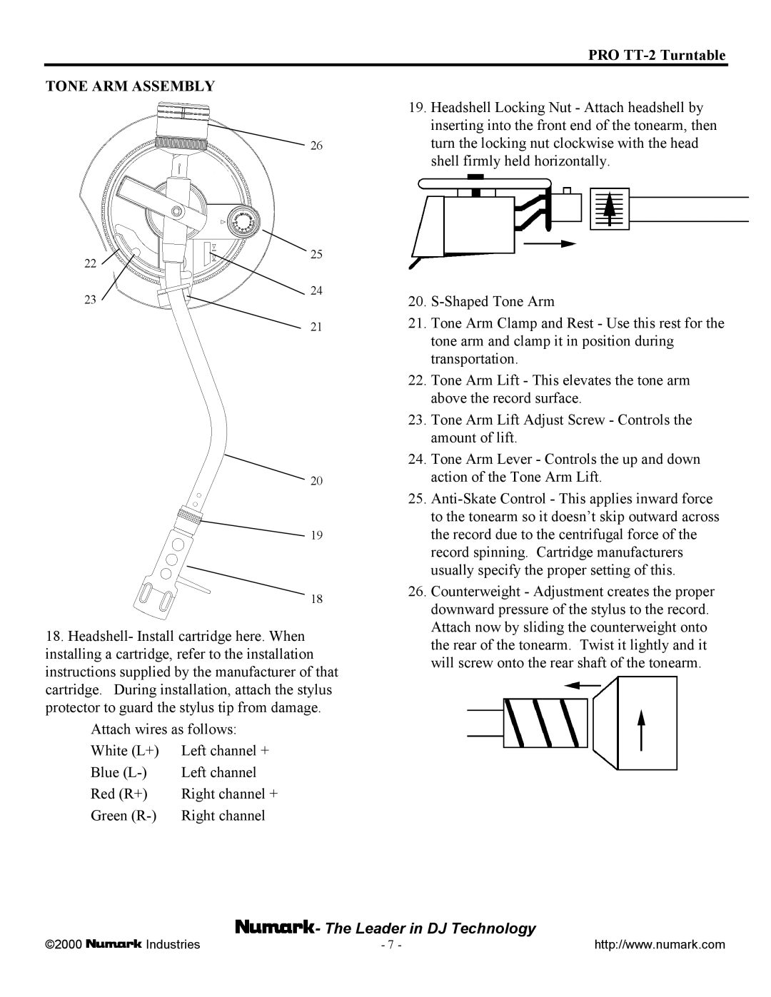 Numark Industries TT-100 owner manual Tone ARM Assembly 