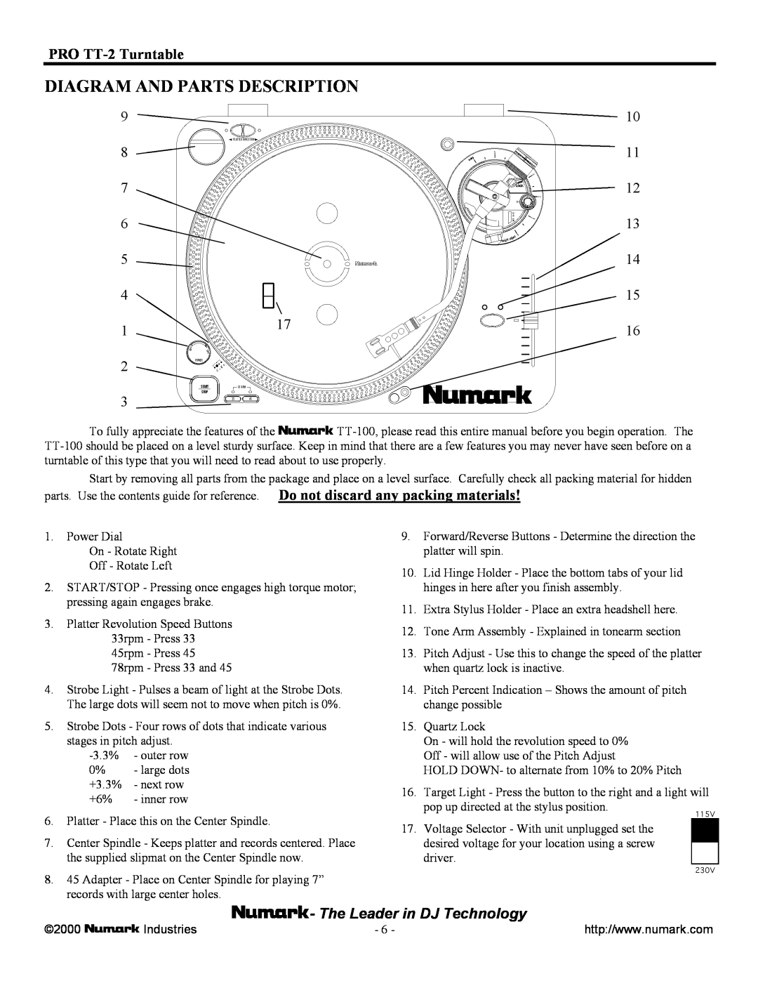Numark Industries TT-100 owner manual Diagram And Parts Description, PRO TT-2Turntable, The Leader in DJ Technology 