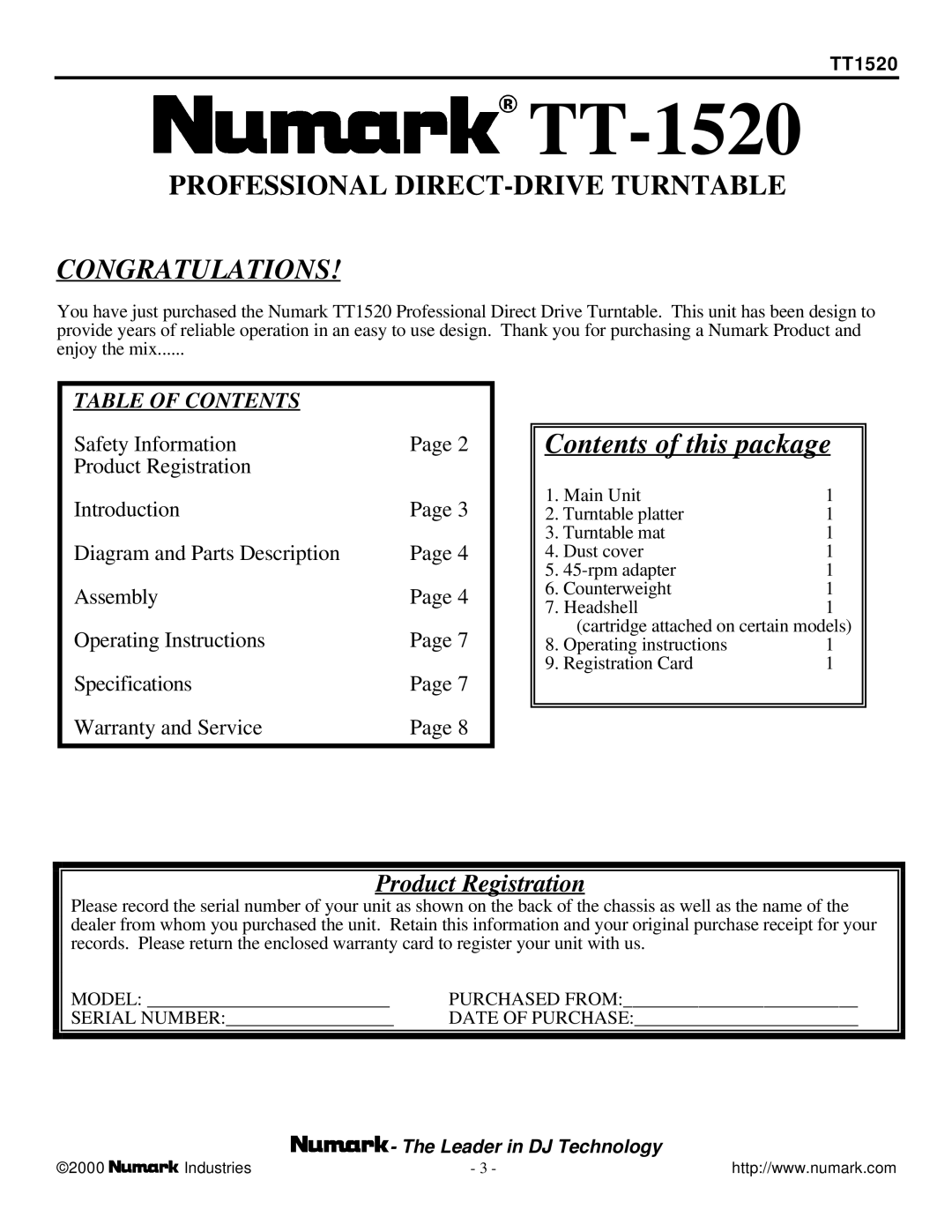 Numark Industries TT-1520 user manual 