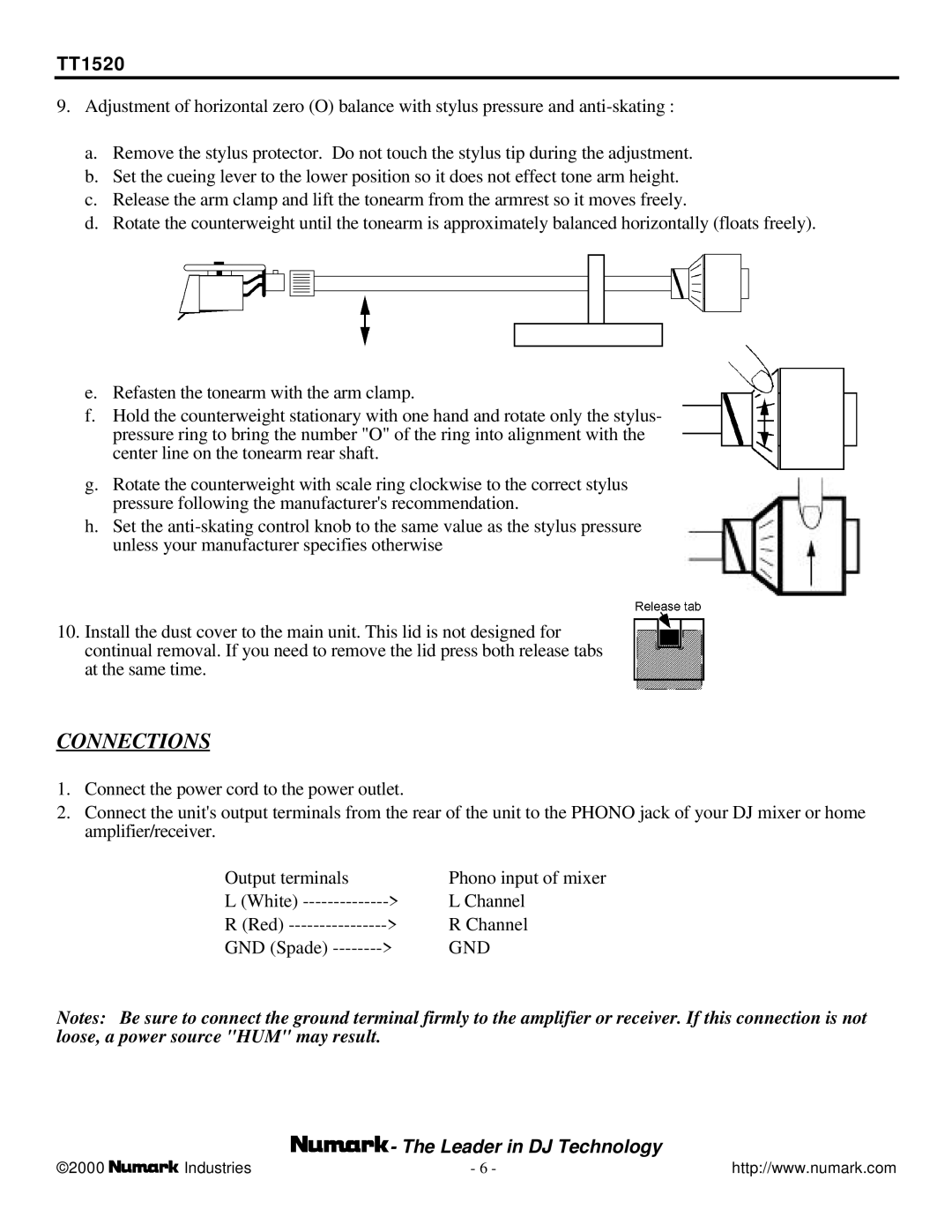 Numark Industries TT-1520 user manual Connections 