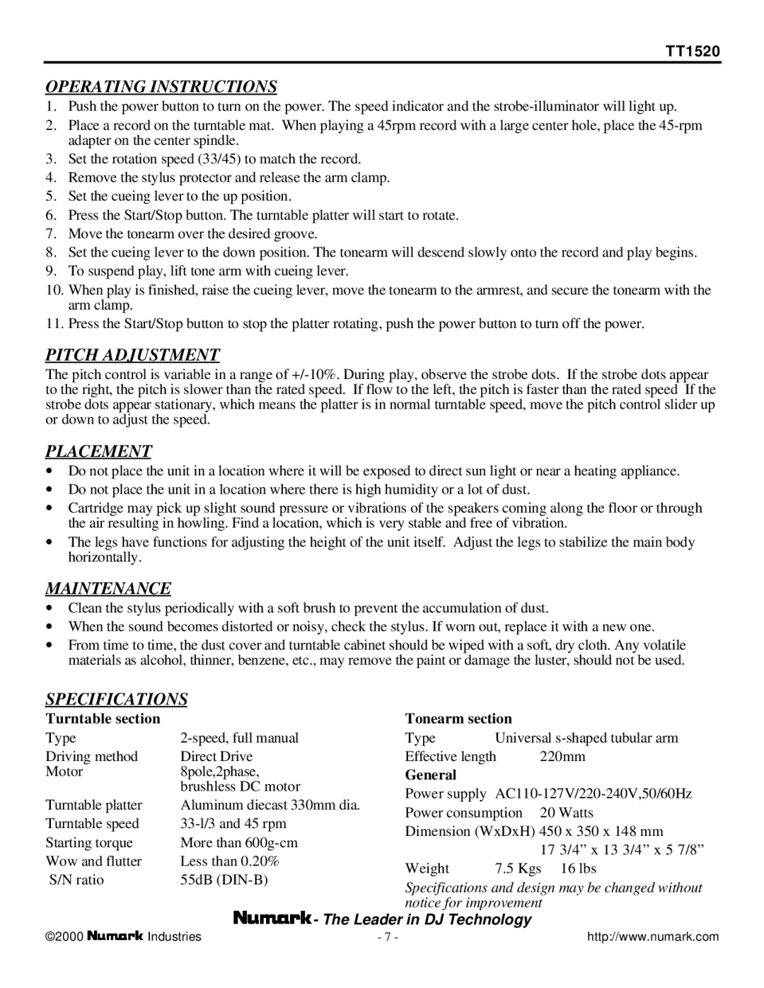 Numark Industries TT-1520 user manual Operating Instructions, Pitch Adjustment, Placement, Maintenance, Specifications 