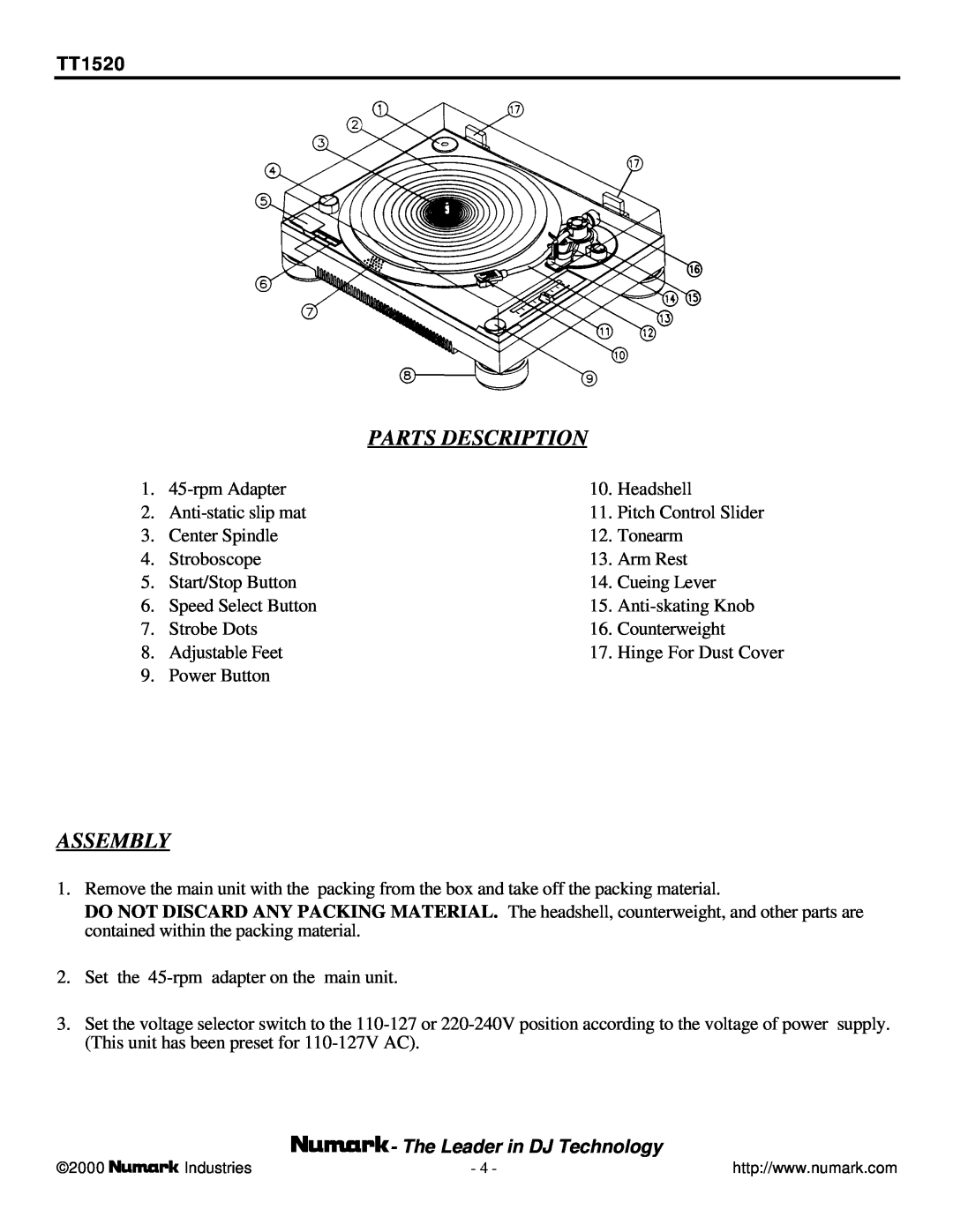 Numark Industries TT-1520 user manual Parts Description, Assembly, TT1520, The Leader in DJ Technology 