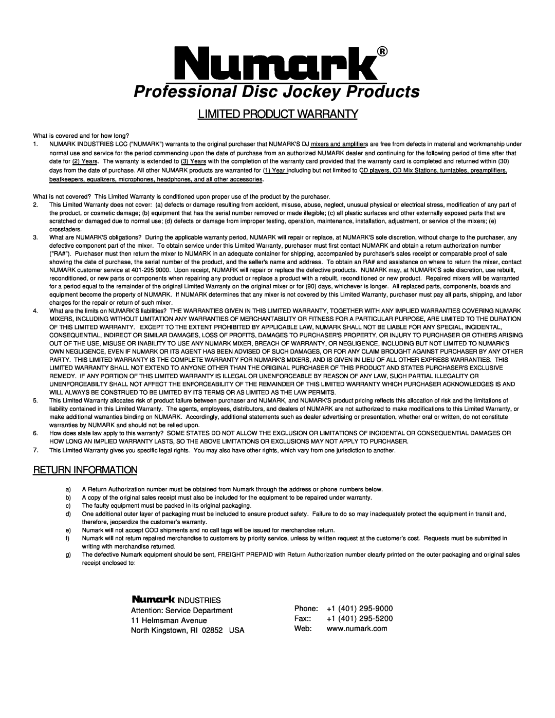 Numark Industries TT-1520 user manual Professional Disc Jockey Products, Limited Product Warranty, Return Information 