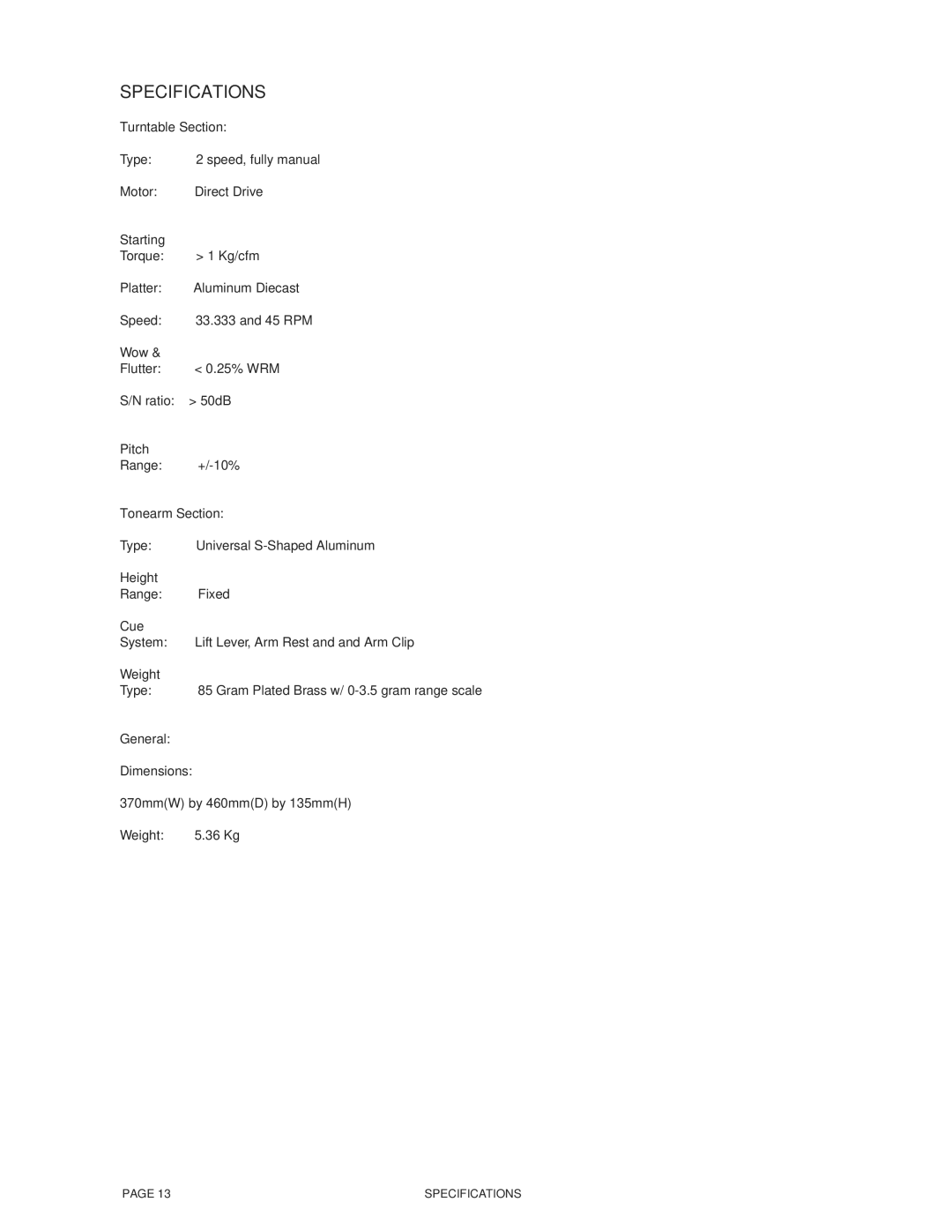 Numark Industries TT-1650 manual Specifications, Turntable Section 