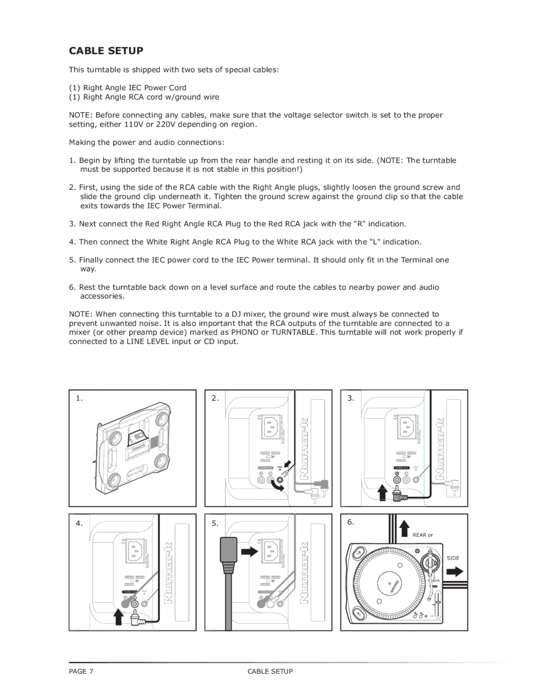 Numark Industries TT-1650 manual Cable Setup 