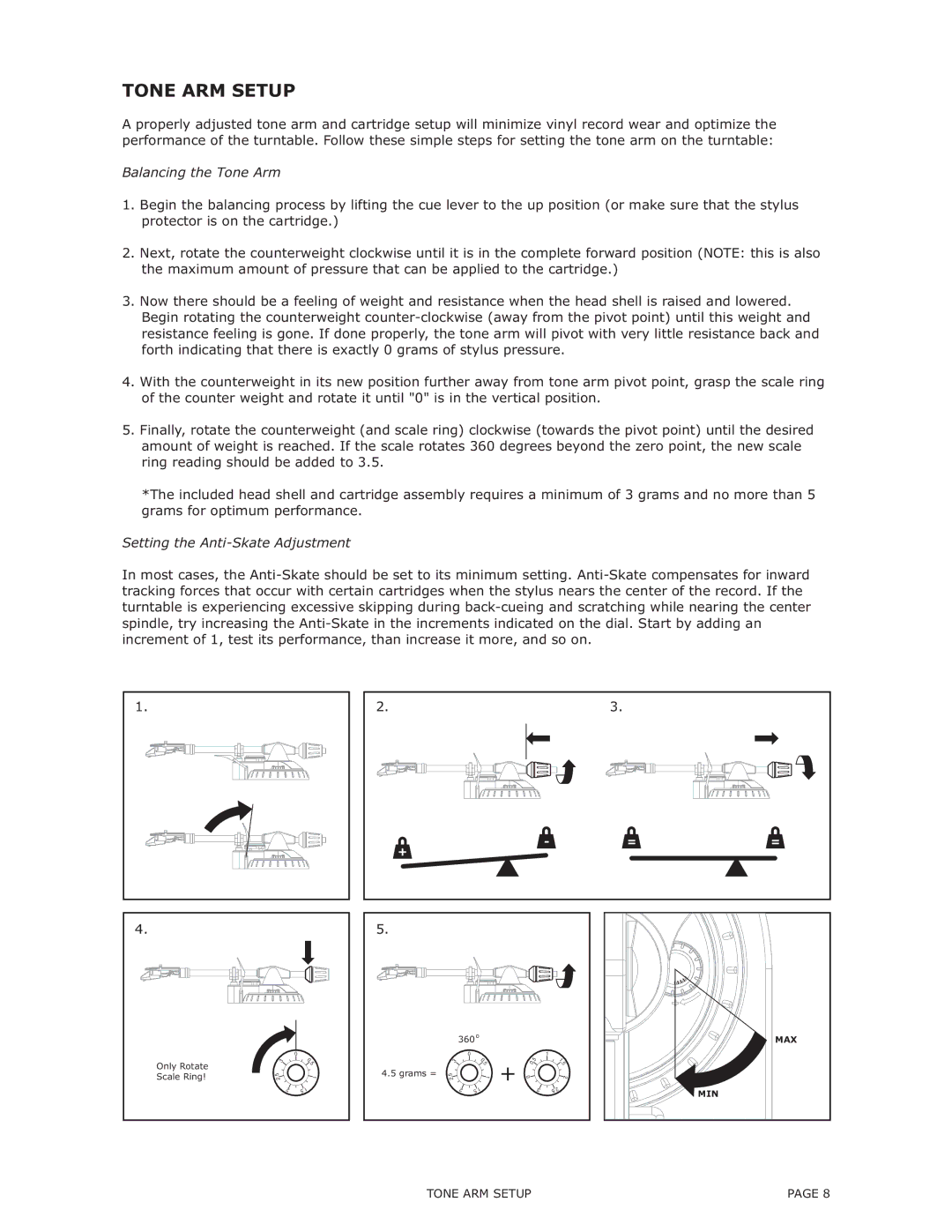 Numark Industries TT-1650 manual Tone ARM Setup, Balancing the Tone Arm, Setting the Anti-Skate Adjustment 