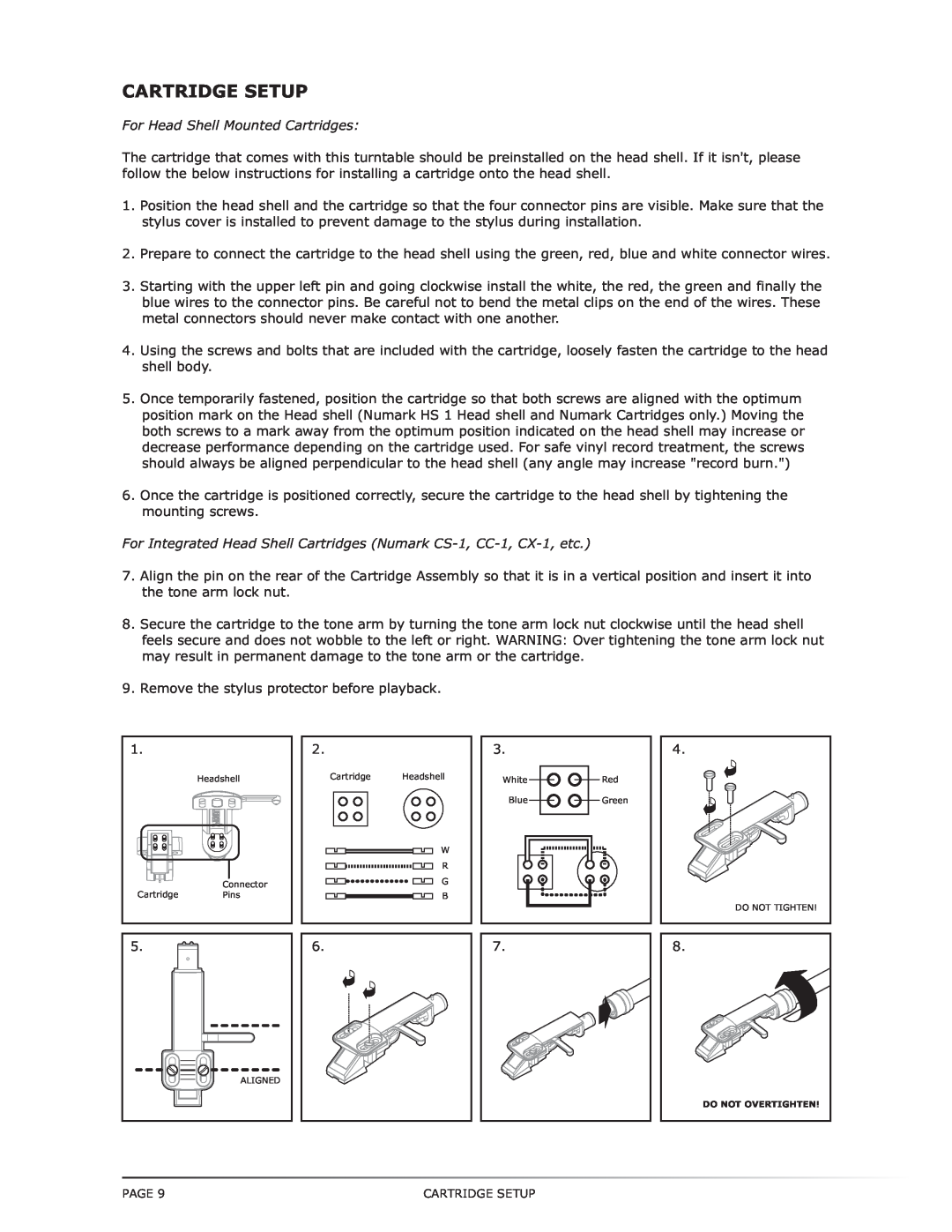 Numark Industries TT-1650 manual Cartridge Setup, For Head Shell Mounted Cartridges 