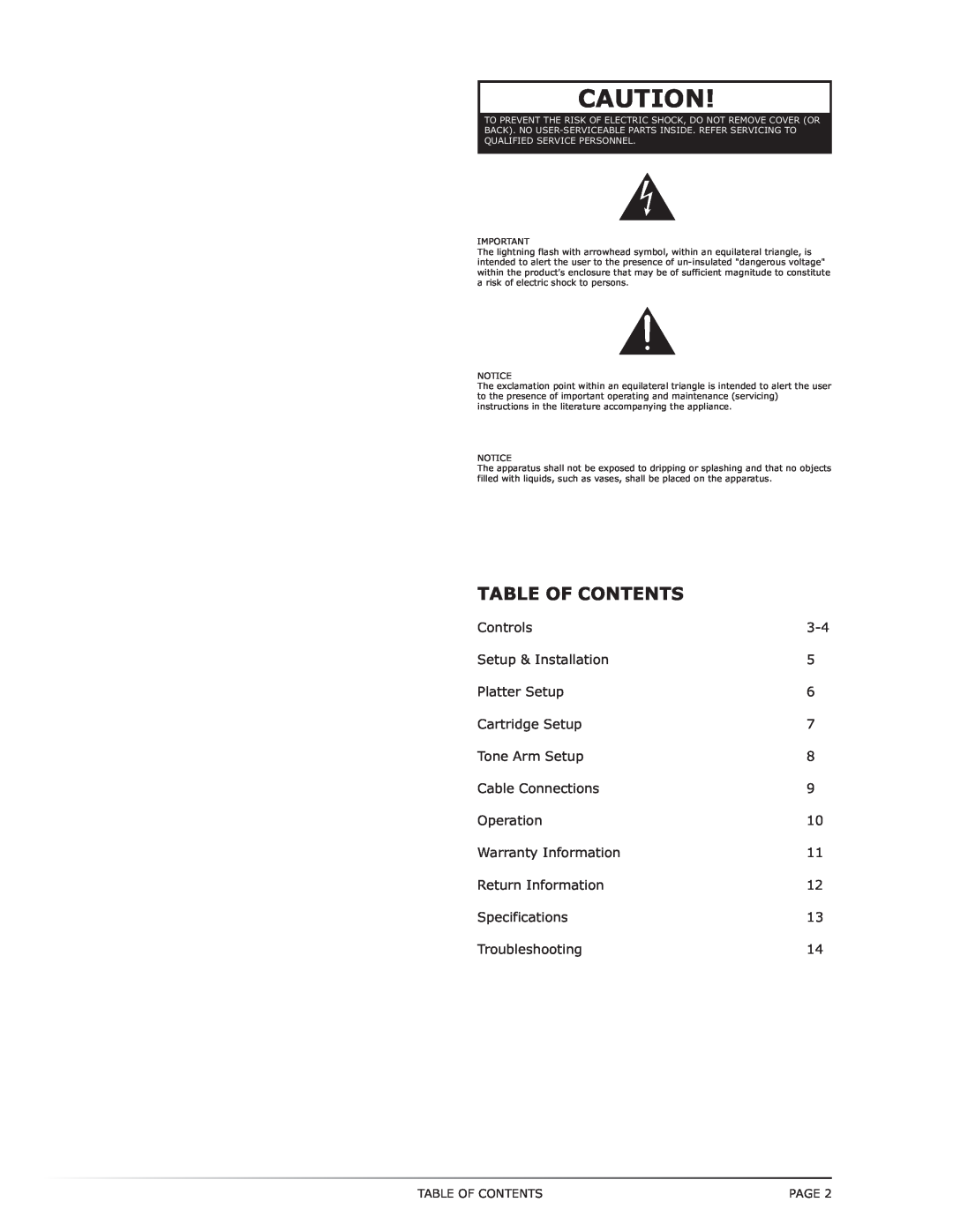 Numark Industries TT-1650 manual Table Of Contents 