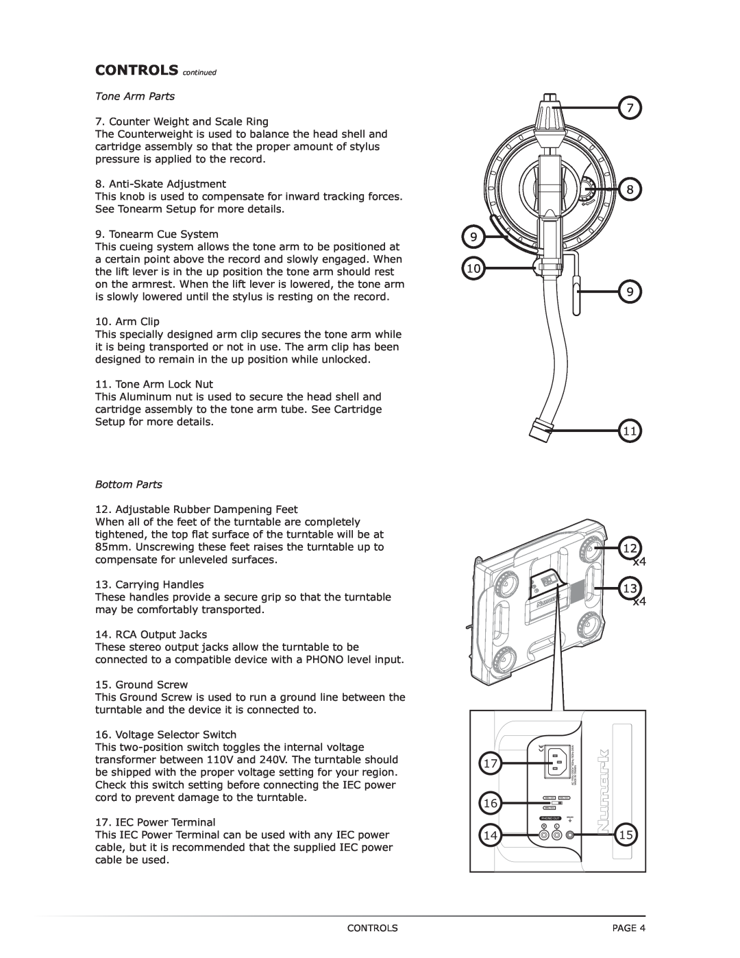 Numark Industries TT-1650 manual CONTROLS continued, Tone Arm Parts, Bottom Parts 