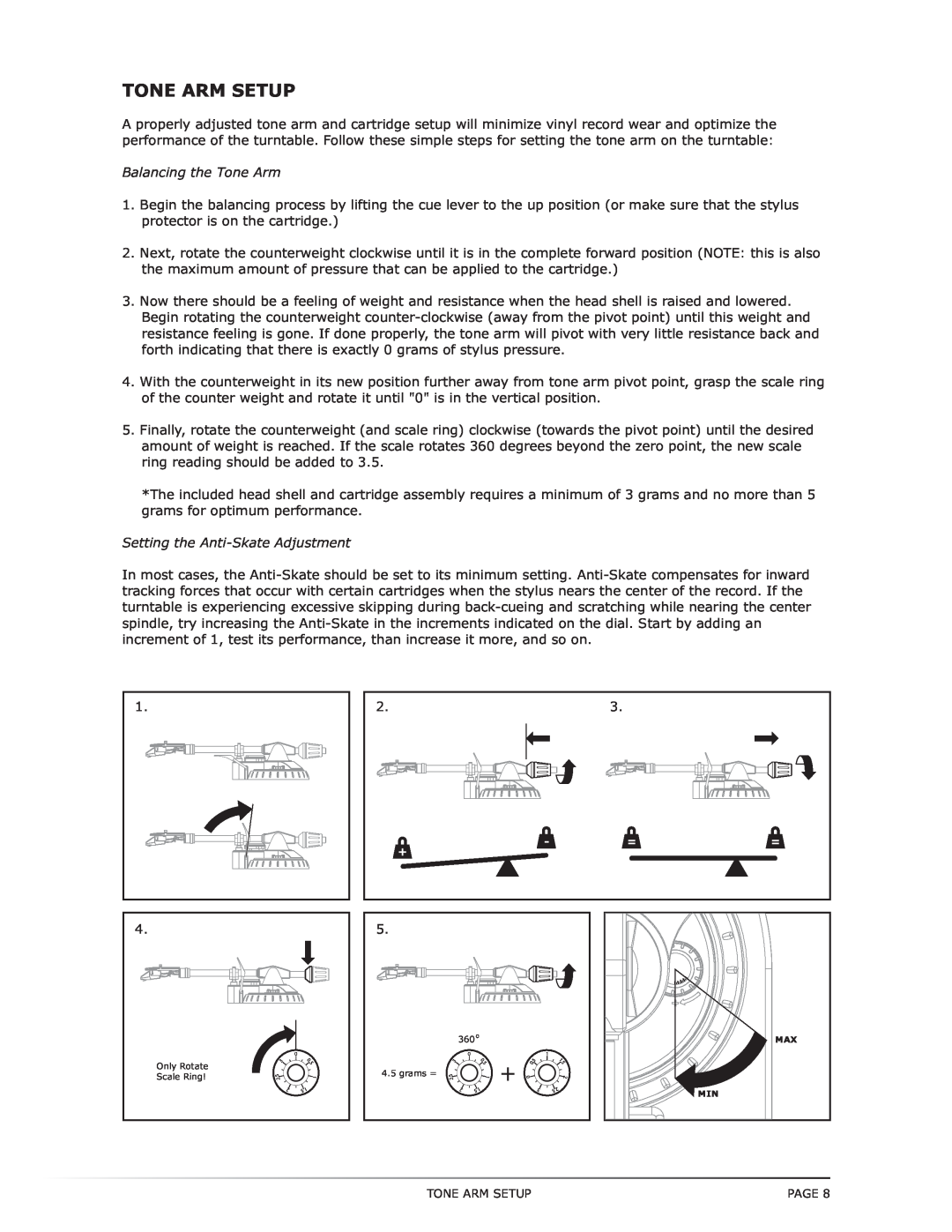 Numark Industries TT-1650 manual Tone Arm Setup, Balancing the Tone Arm, Setting the Anti-SkateAdjustment 