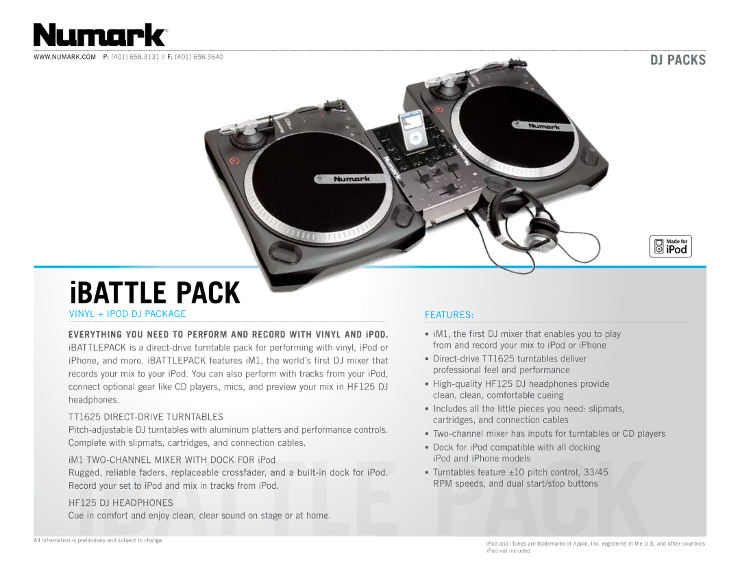 Numark Industries manual IBATTLE Pack, DJ Packs, TT1625 DIRECT-DRIVE Turntables, HF125 DJ Headphones 