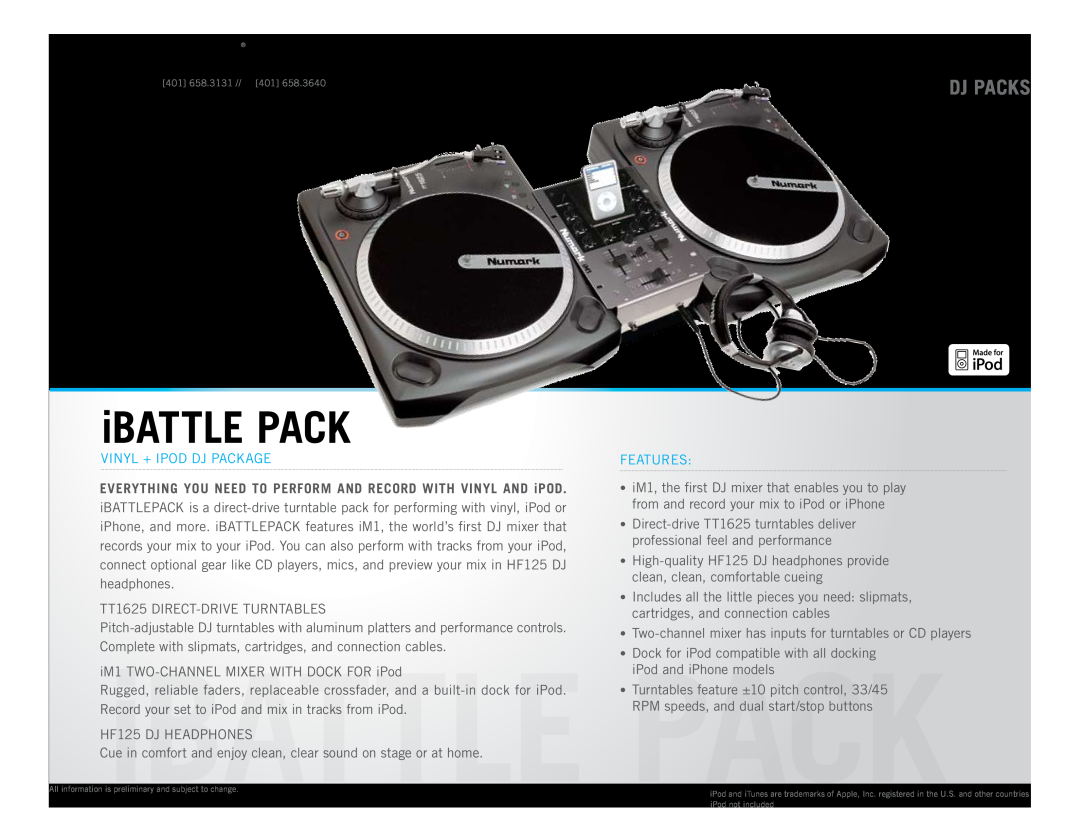 Numark Industries TT1625 manual iBATTLE PACK, Dj Packs, Vinyl + iPod DJ Package, Features 