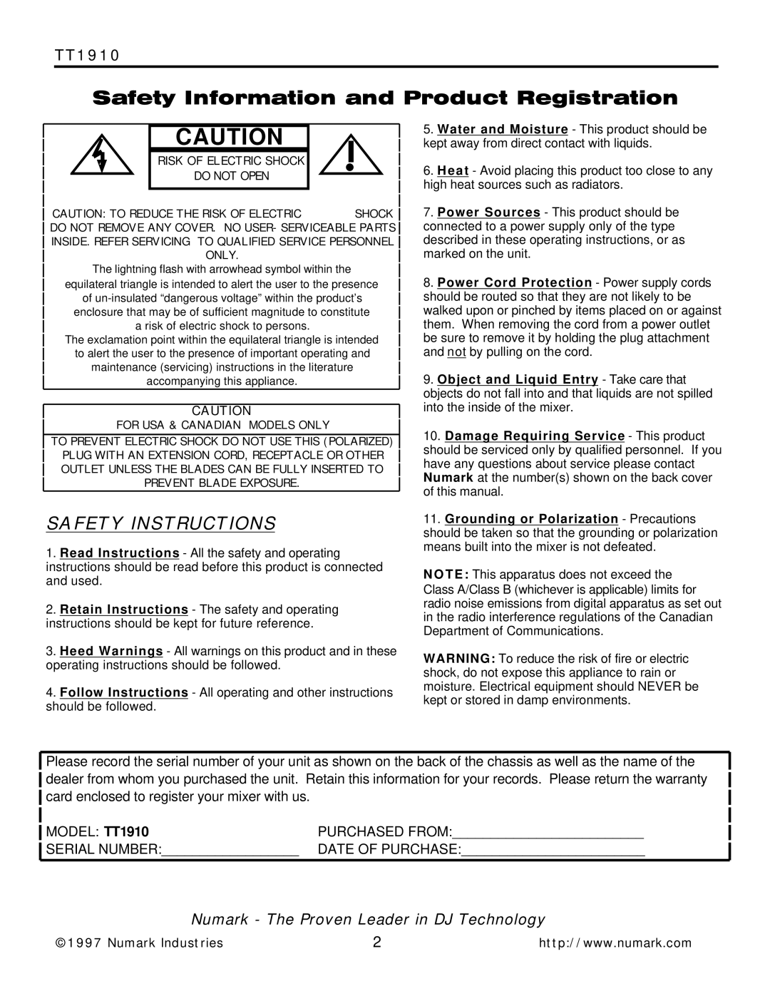 Numark Industries TT1910 owner manual Safety Instructions 