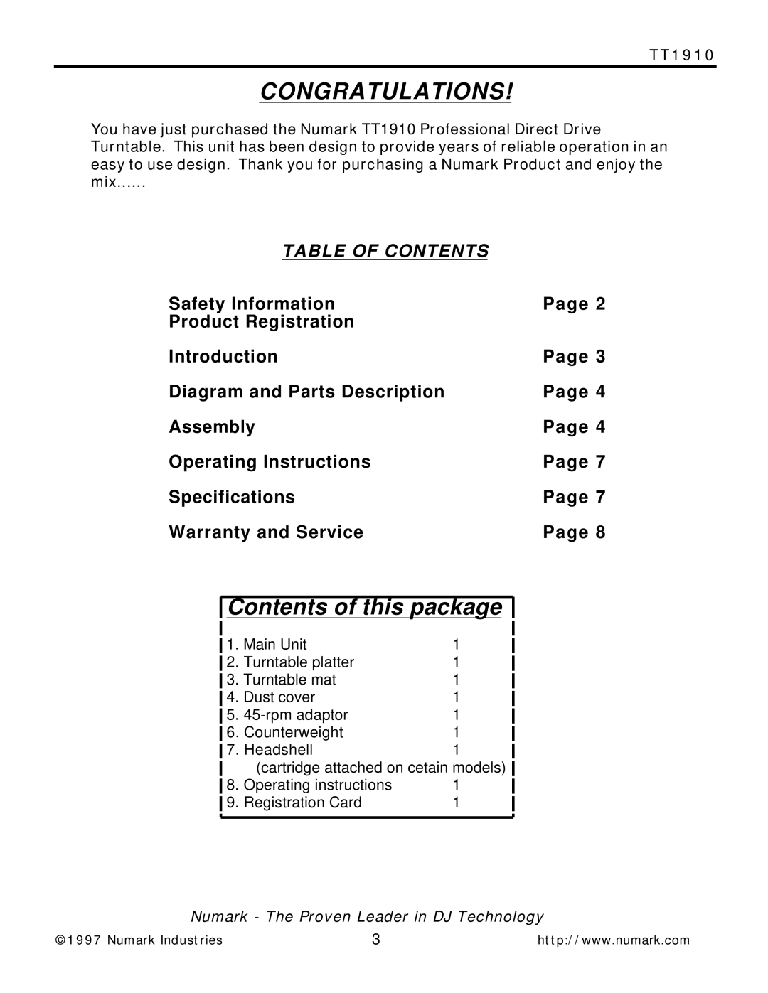 Numark Industries TT1910 owner manual Congratulations, Contents of this package 