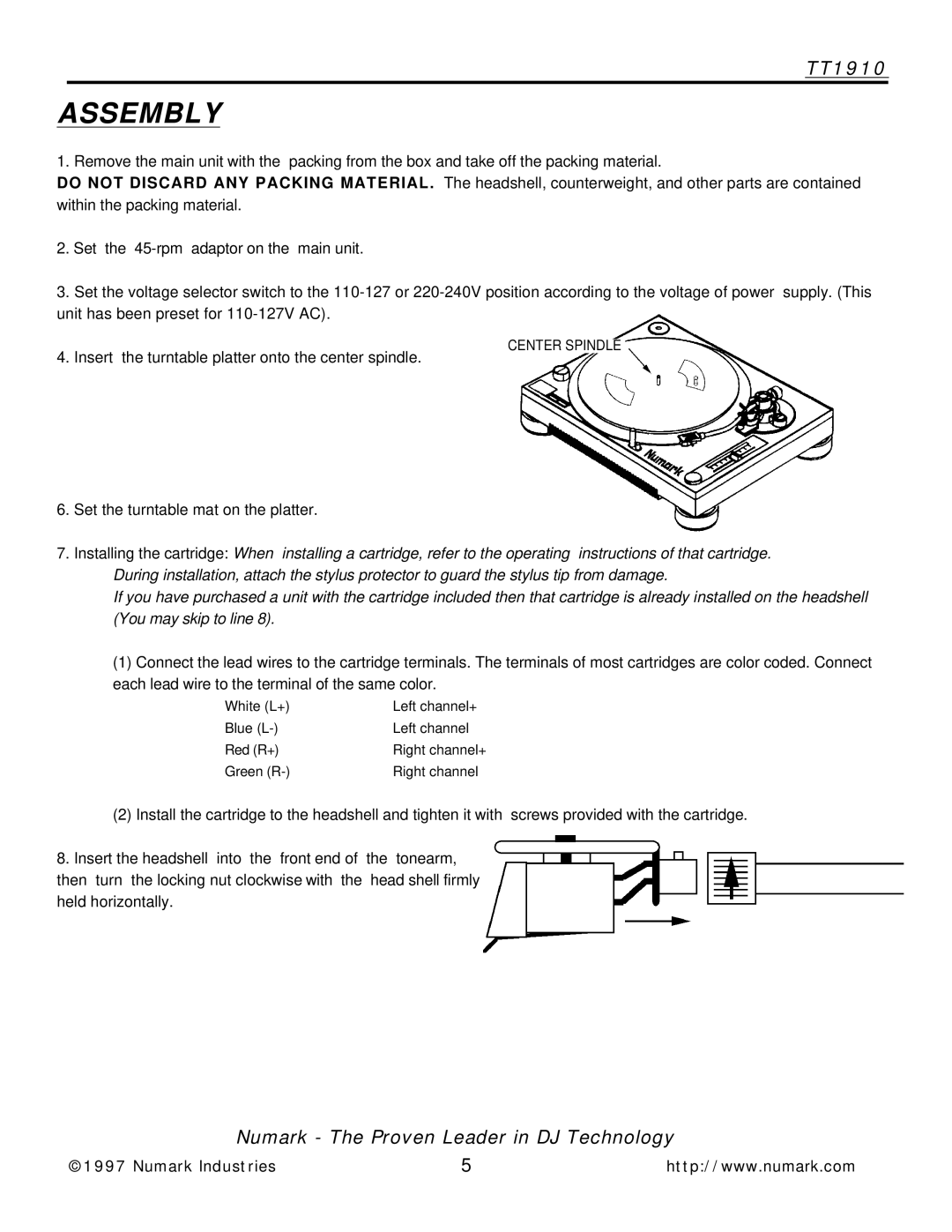 Numark Industries TT1910 owner manual Assembly 