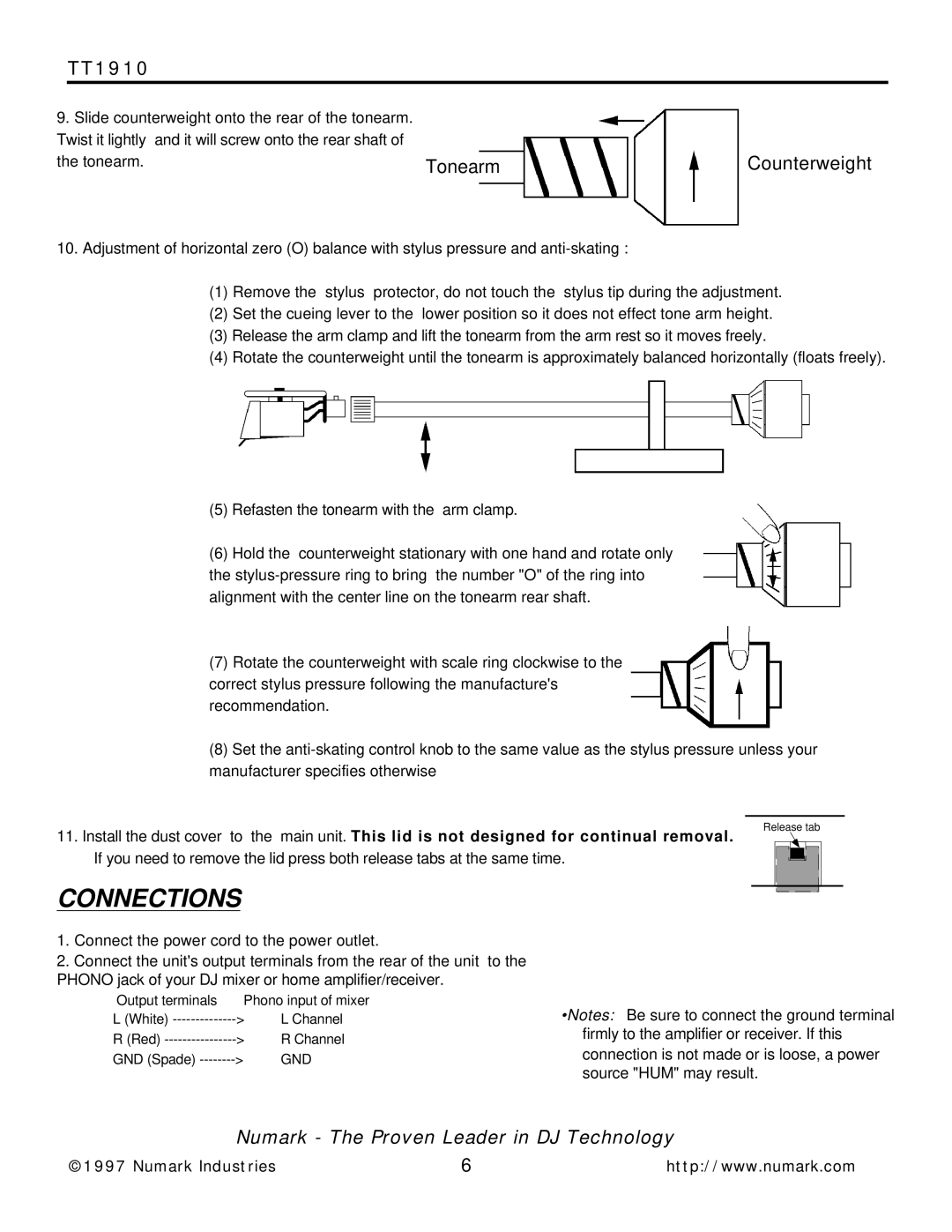 Numark Industries TT1910 owner manual Connections, Tonearm Counterweight 