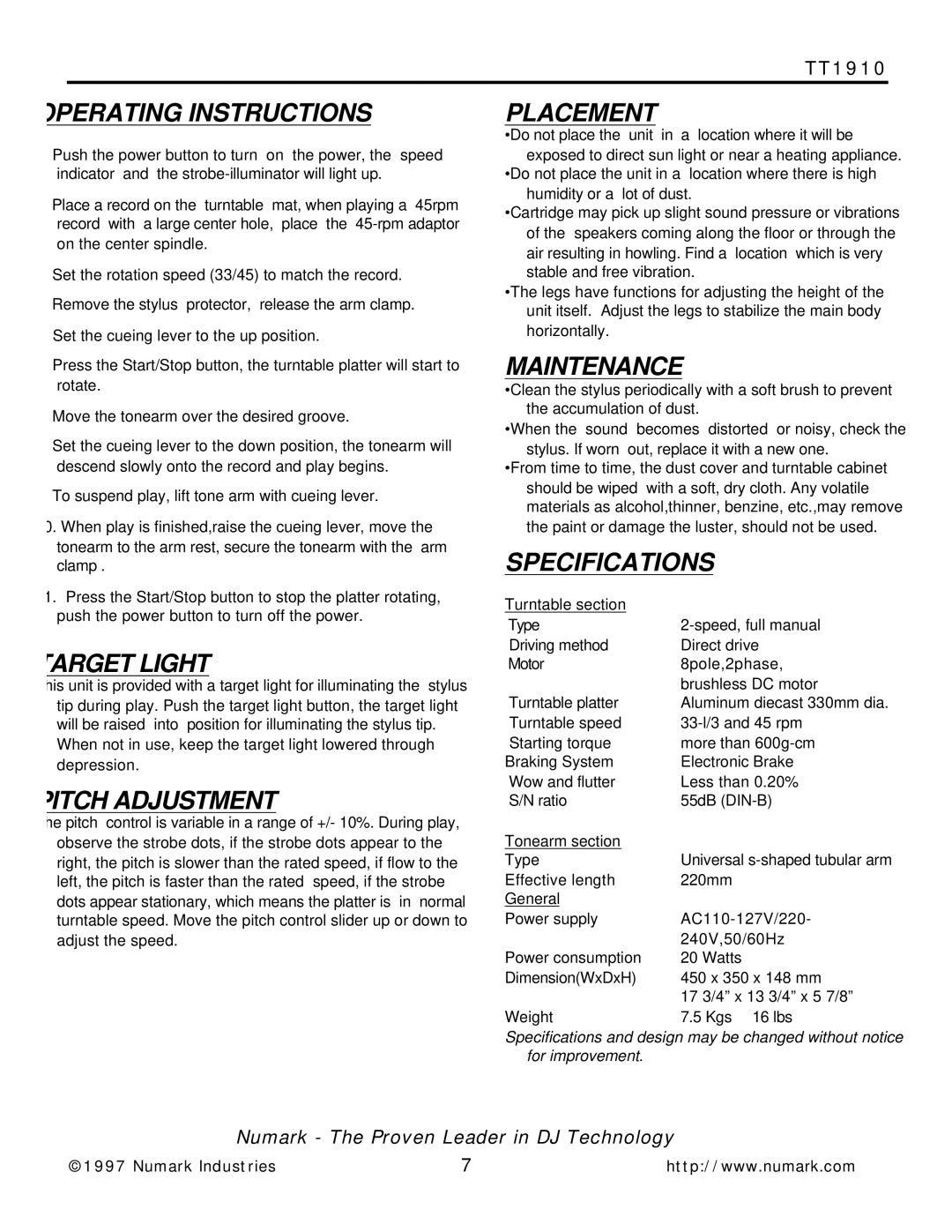 Numark Industries TT1910 Operating Instructions, Target Light, Pitch Adjustment, Placement, Maintenance, Specifications 