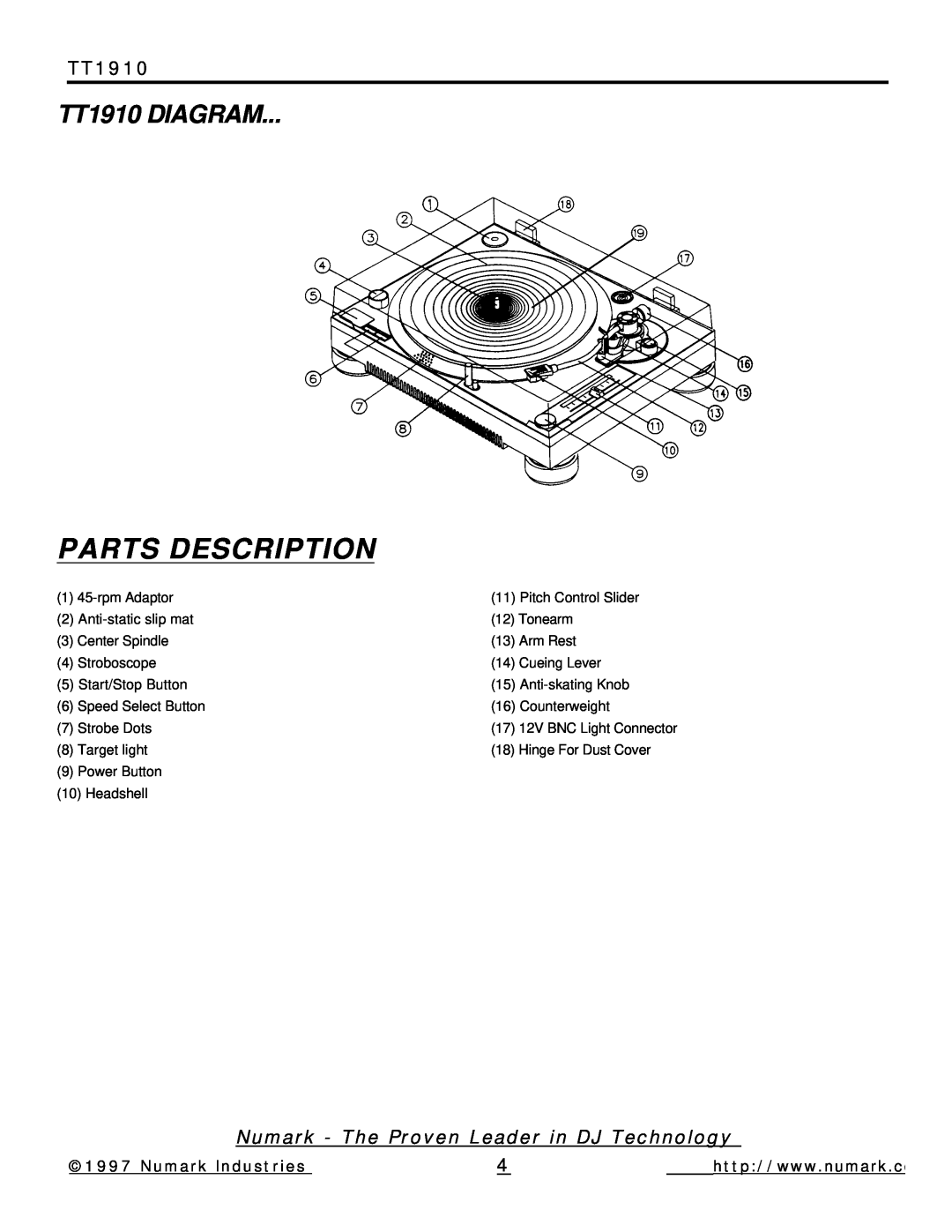Numark Industries Parts Description, TT1910 DIAGRAM, Numark - The Proven Leader in DJ Technology, Numark Industries 