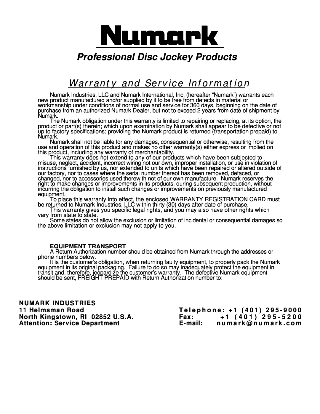 Numark Industries TT1910 owner manual Warranty and Service Information, Professional Disc Jockey Products 