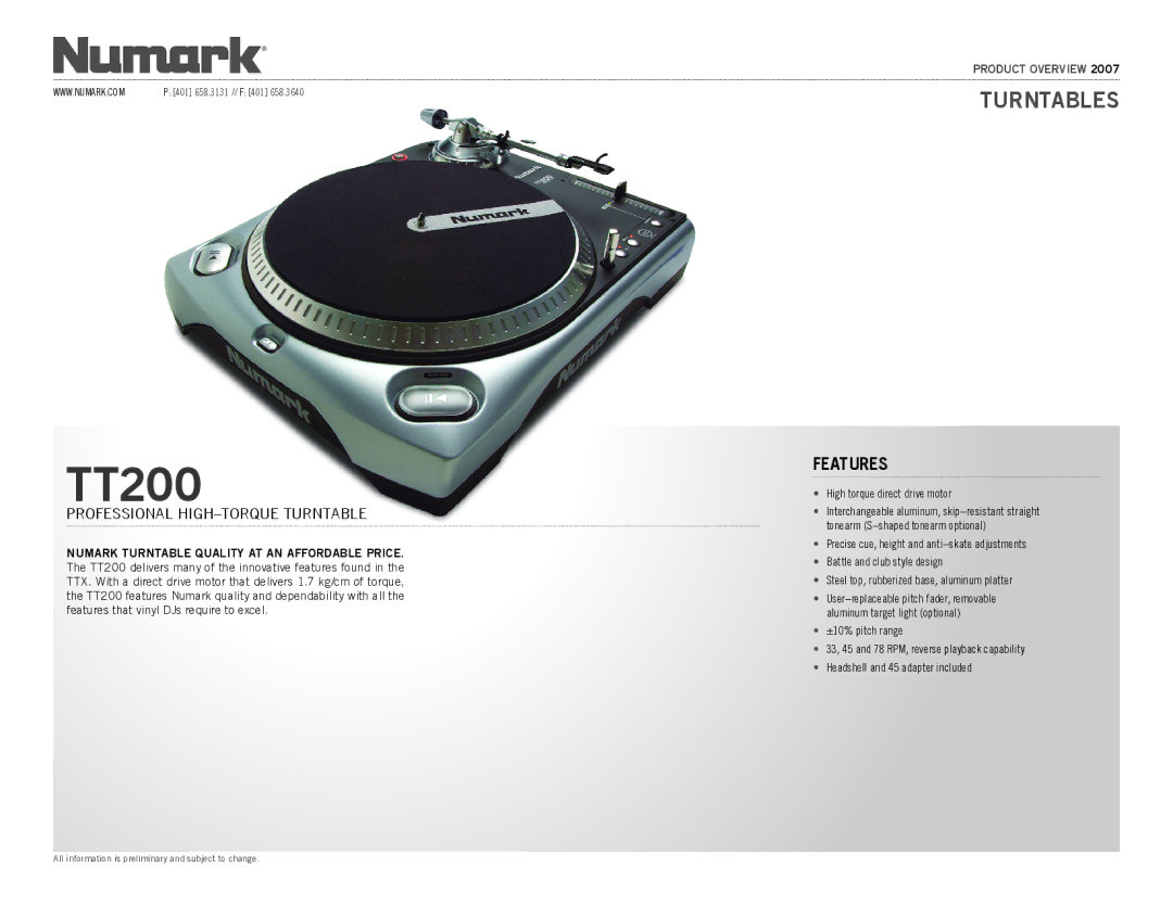 Numark Industries TT200 manual Turntables, Features, Professional High-Torque Turntable 