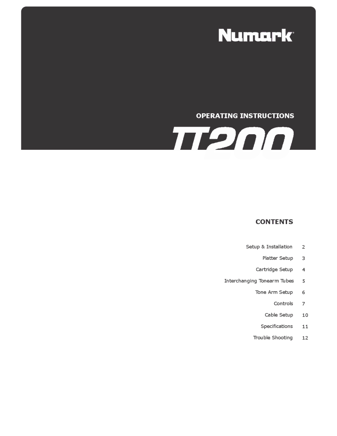 Numark Industries TT200 operating instructions Operating Instructions, Contents 