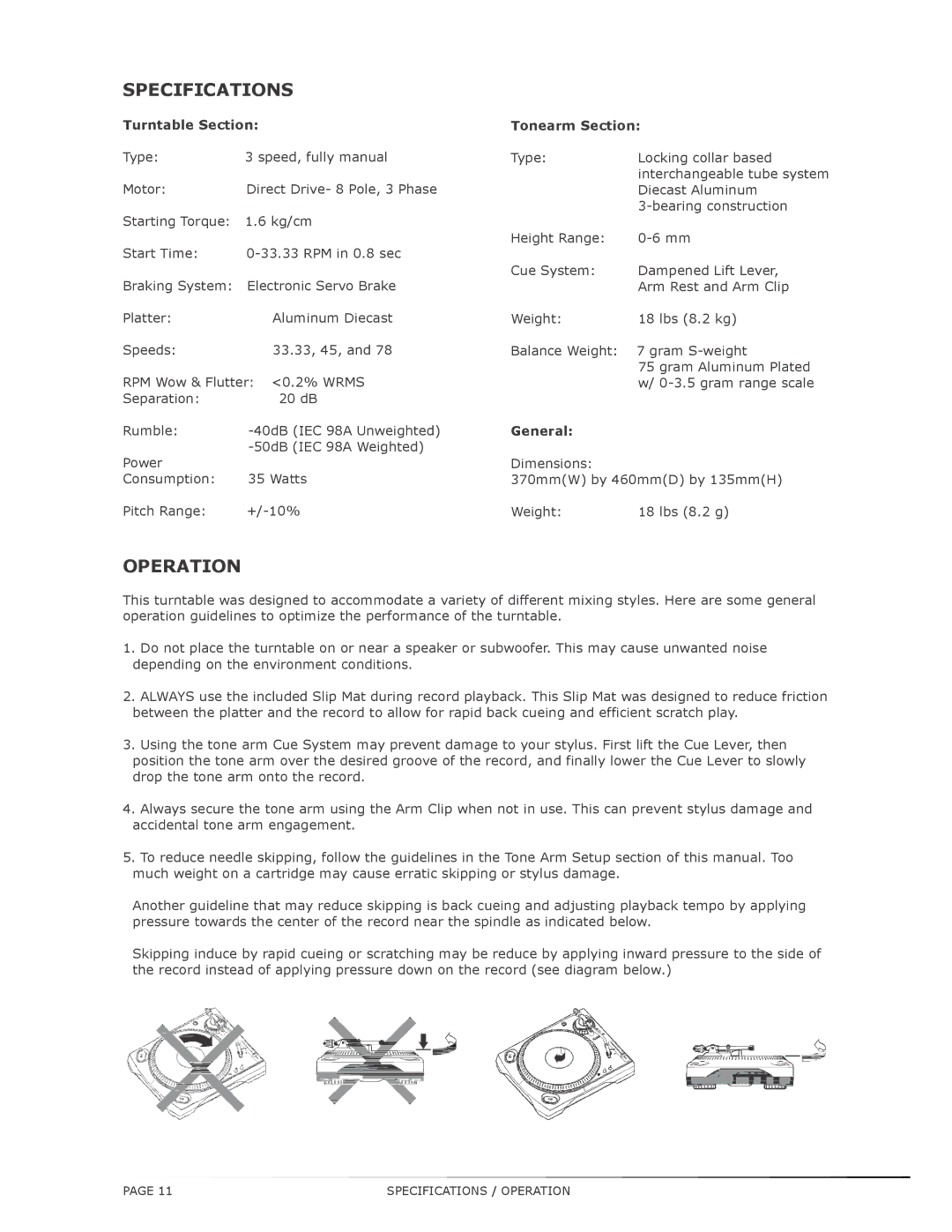 Numark Industries TT200 operating instructions Specifications, Operation 