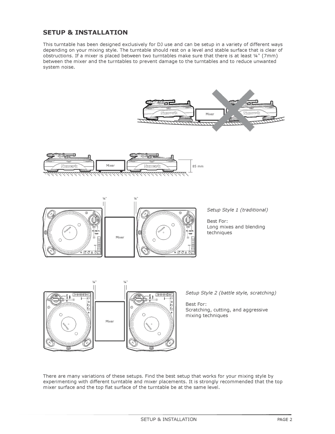 Numark Industries TT200 Setup & Installation, Setup Style 1 traditional, Setup Style 2 battle style, scratching 