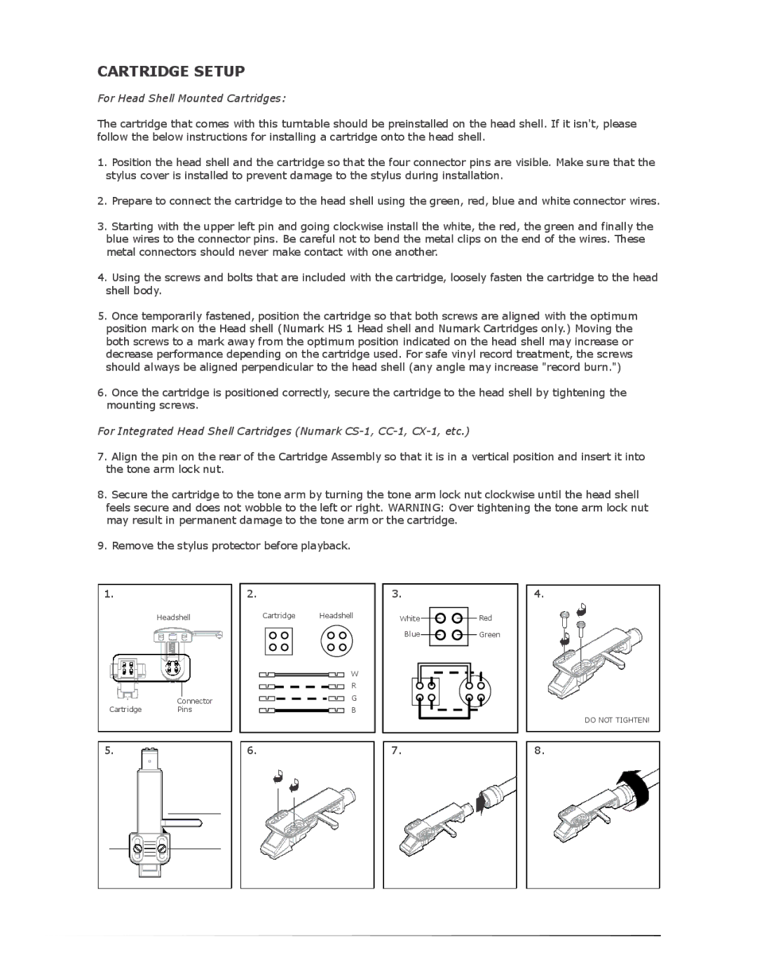 Numark Industries TT200 operating instructions Cartridge Setup, For Head Shell Mounted Cartridges 