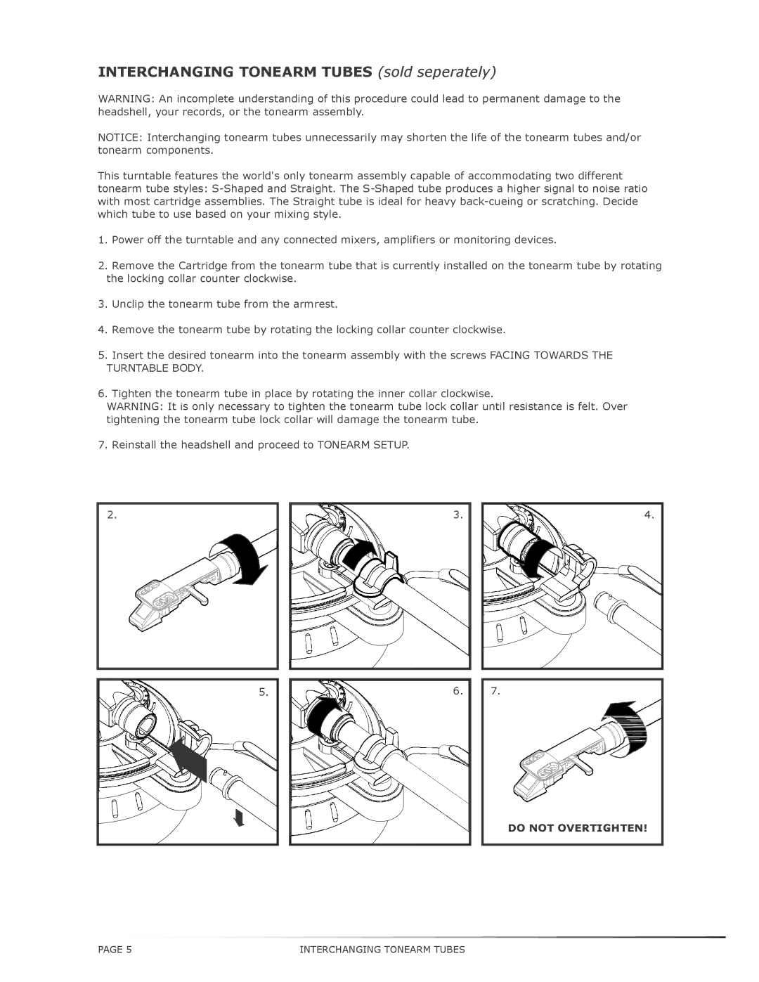 Numark Industries TT200 operating instructions Interchanging Tonearm Tubes sold seperately 