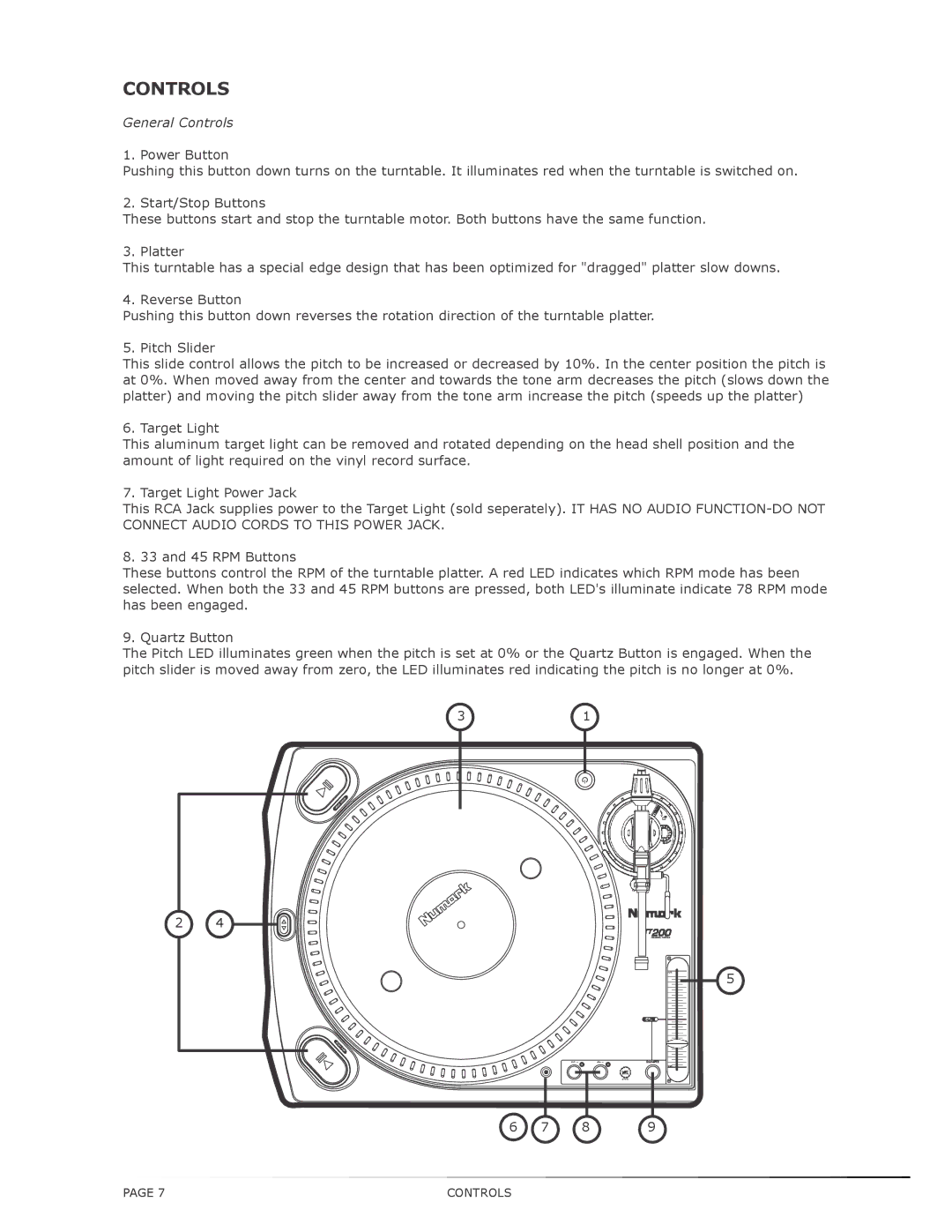 Numark Industries TT200 operating instructions General Controls 