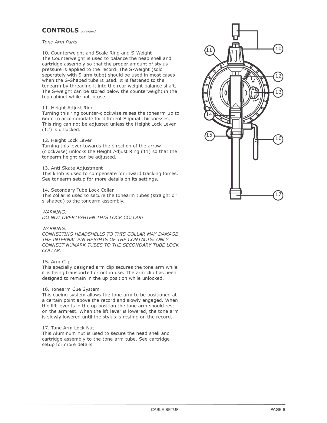 Numark Industries TT200 operating instructions Controls, Tone Arm Parts 