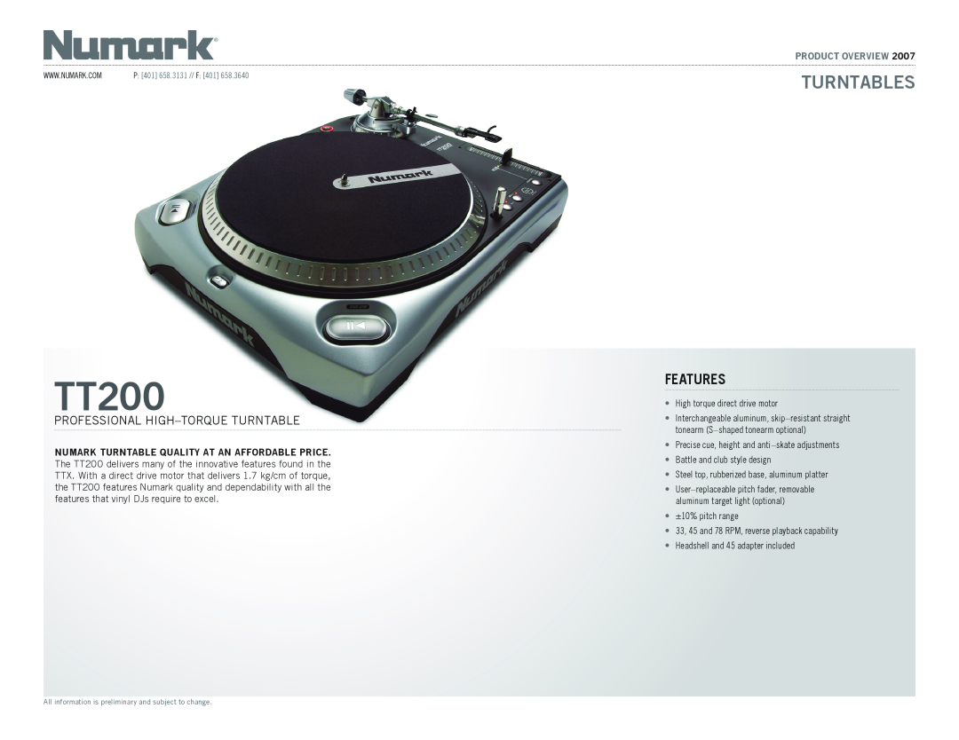 Numark Industries TT200 manual Turntables, Features, Professional High-TorqueTurntable, Product Overview 