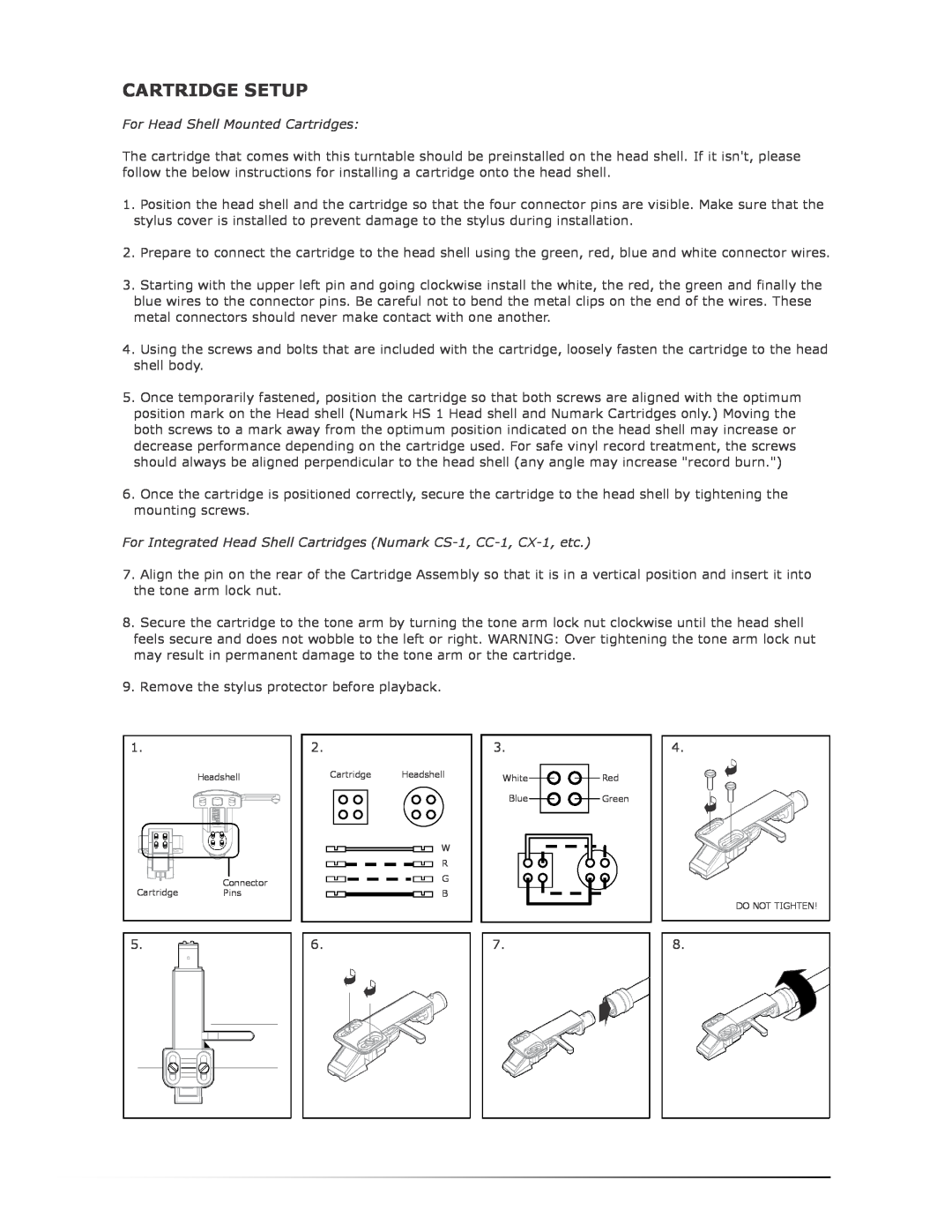 Numark Industries TT200 operating instructions Cartridge Setup, For Head Shell Mounted Cartridges 