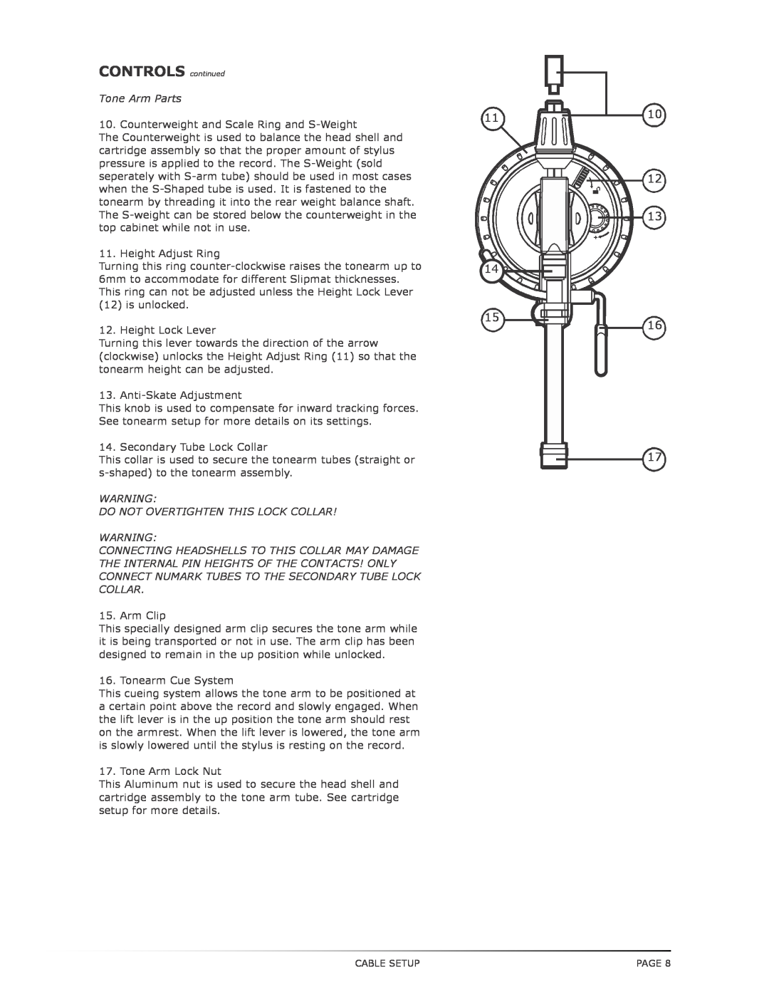 Numark Industries TT200 operating instructions CONTROLS continued, Tone Arm Parts, Do Not Overtighten This Lock Collar 