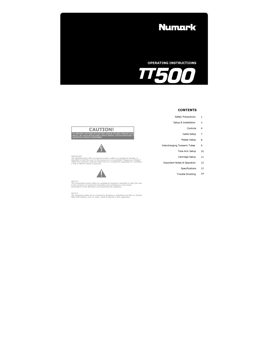 Numark Industries TT500 specifications Operating Instructions 