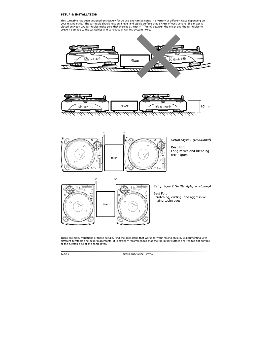 Numark Industries TT500 specifications Setup Style 2 battle style, scratching, Setup & Installation 