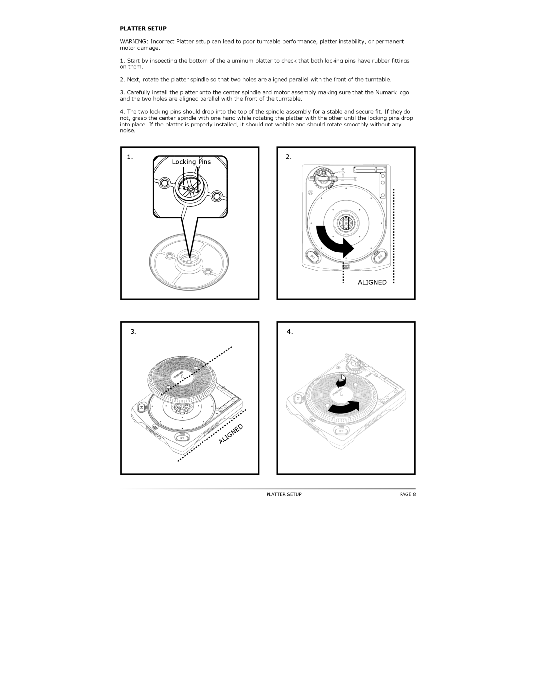 Numark Industries TT500 specifications Aligned, Platter Setup 