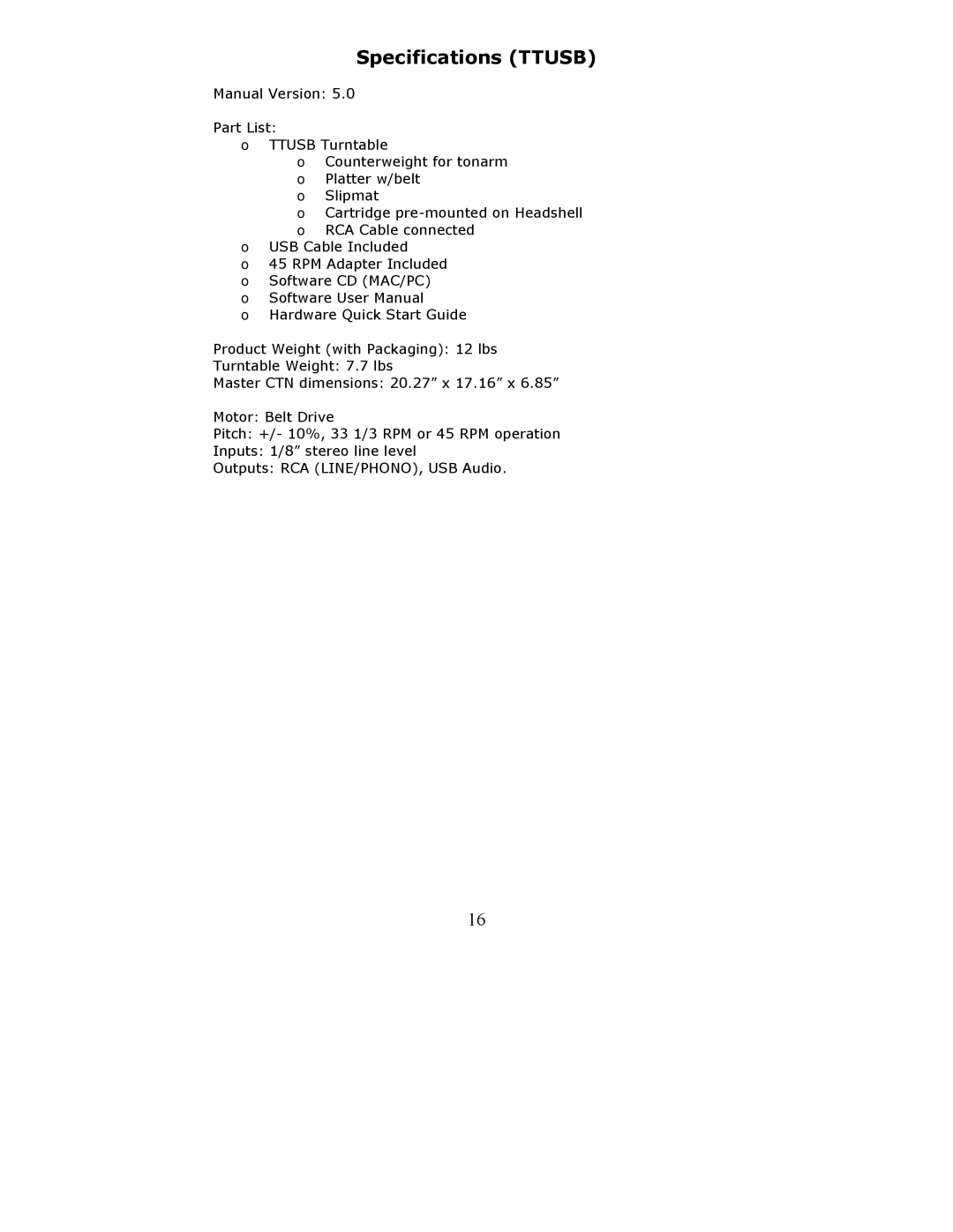 Numark Industries TTUSB quick start Specifications Ttusb 