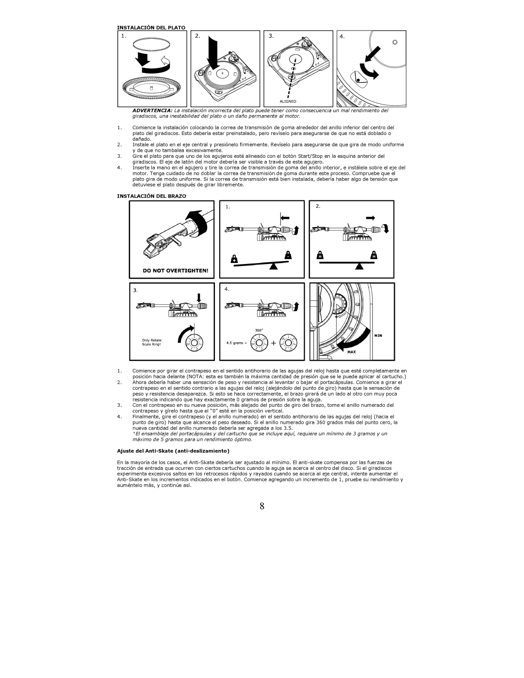 Numark Industries TTUSB quick start Instalación DEL Plato, Instalación DEL Brazo, Ajuste del Anti-Skate anti-deslizamiento 