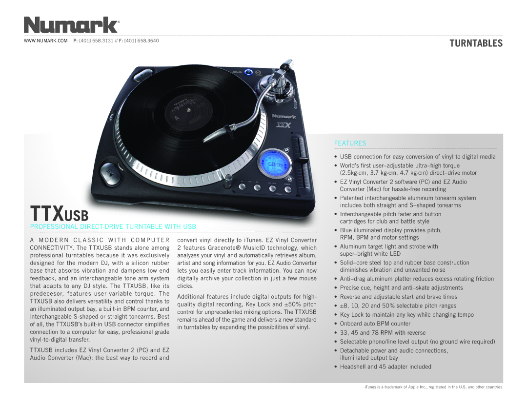 Numark Industries TTXusb manual Turntables, Features 