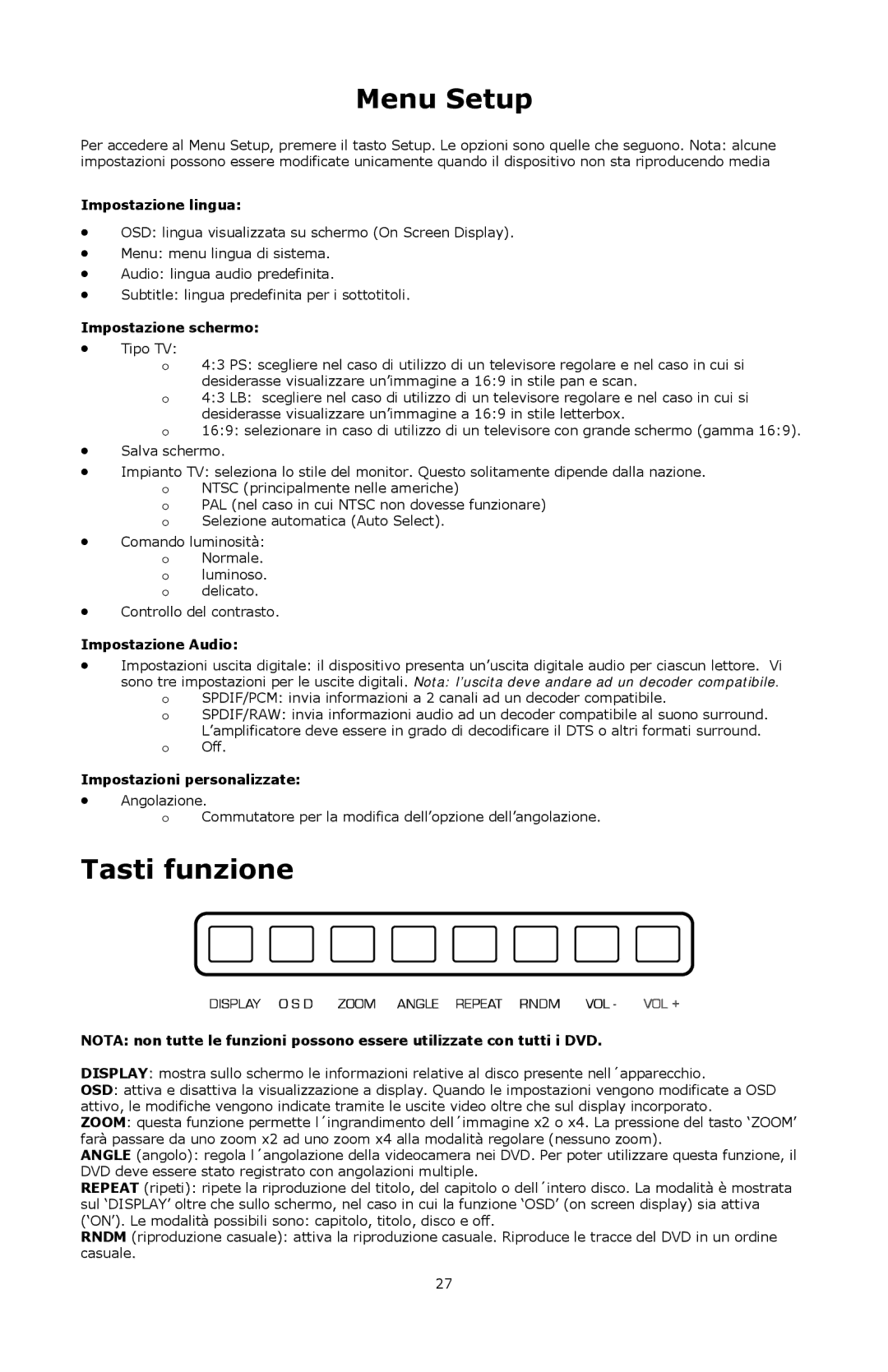 Numark Industries VJ01 quick start Menu Setup, Tasti funzione 