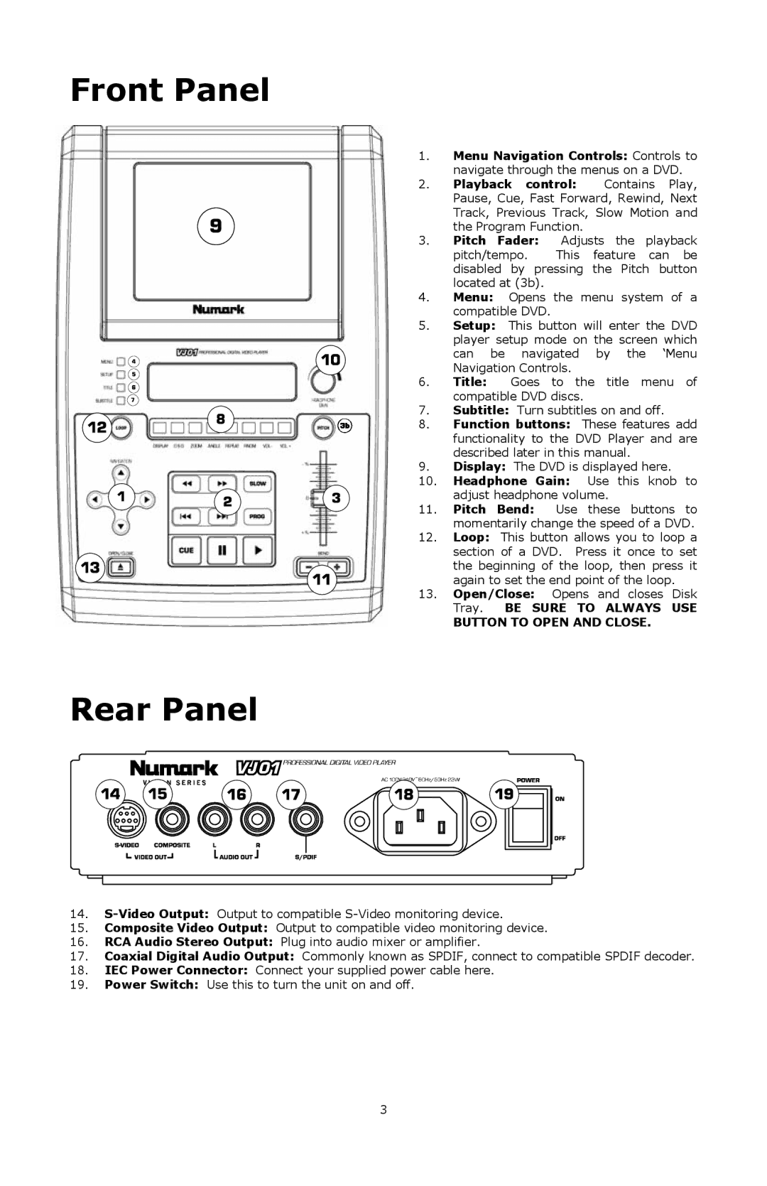 Numark Industries VJ01 quick start Front Panel, Rear Panel 