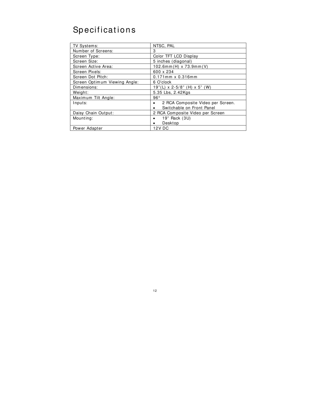 Numark Industries VM03 quick start Specifications 